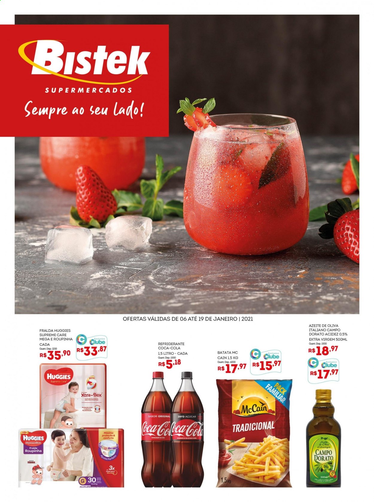 thumbnail - Folheto Bistek Supermercados - 06/01/2021 - 19/01/2021 - Produtos em promoção - batata, McCain, azeite de oliva, Coca Cola, refrigerante, Huggies, fraldas. Página 1.