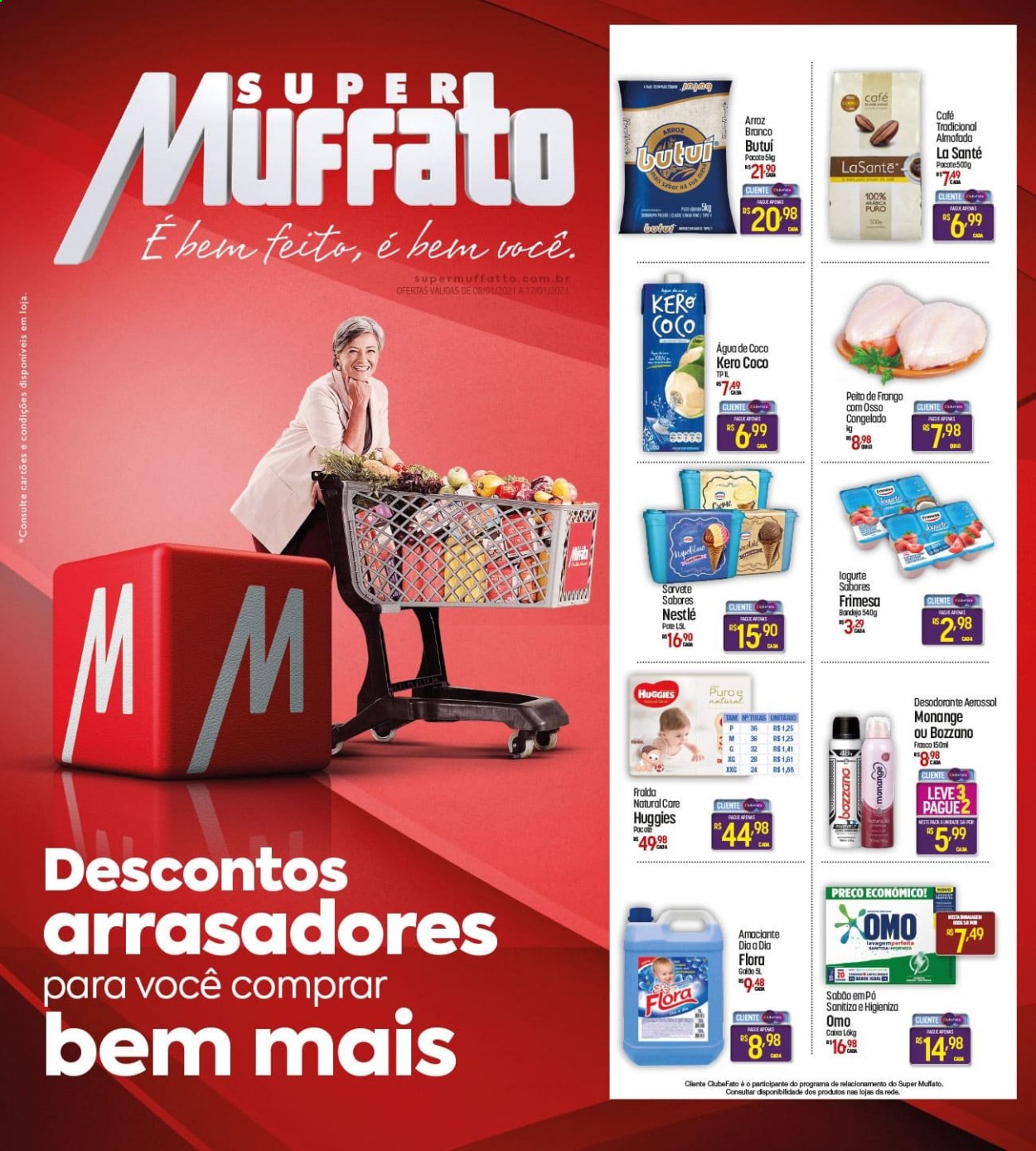 thumbnail - Folheto Super Muffato - 08/01/2021 - 17/01/2021 - Produtos em promoção - peito de frango, Nestlé, arroz, arroz branco, café, Huggies, fraldas, OMO. Página 1.