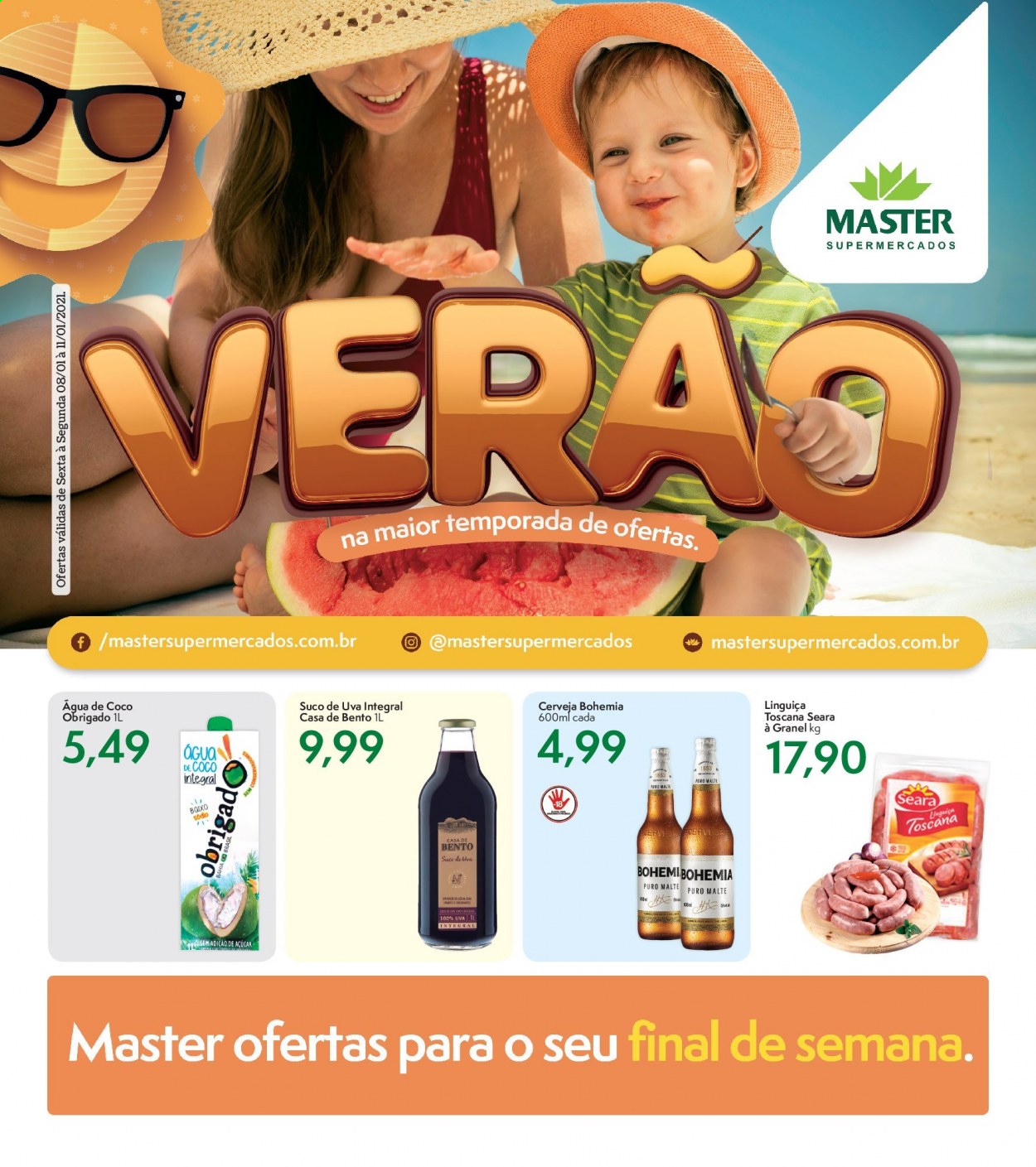 thumbnail - Folheto Master Supermercados - 08/01/2021 - 11/01/2021 - Produtos em promoção - linguiça, linguiça toscana, suco, suco de uva. Página 1.