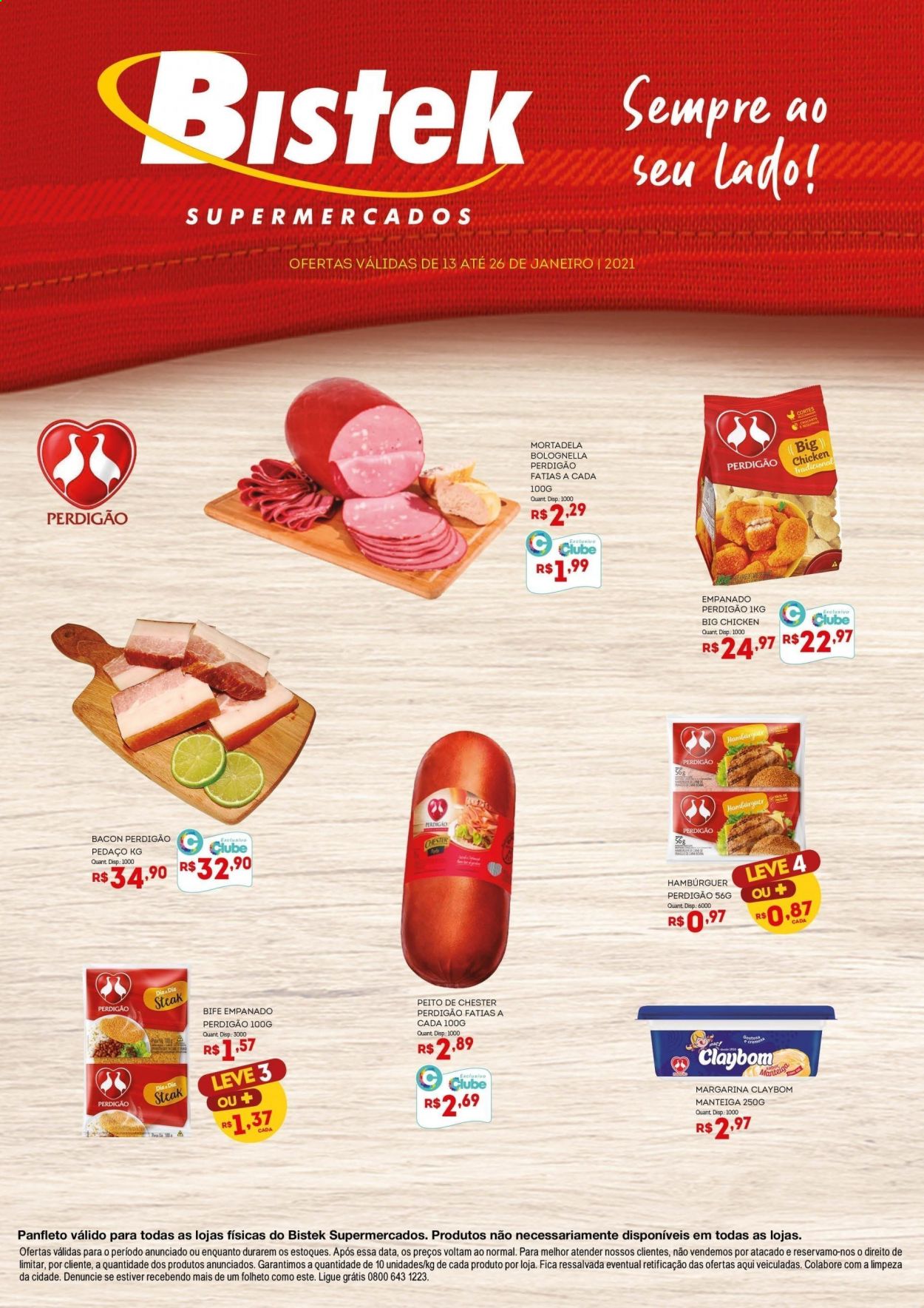 thumbnail - Folheto Bistek Supermercados - 13/01/2021 - 26/01/2021 - Produtos em promoção - bife, Chester, Perdigão, steak, hamburger, mortadela, bacon, manteiga, margarina. Página 1.