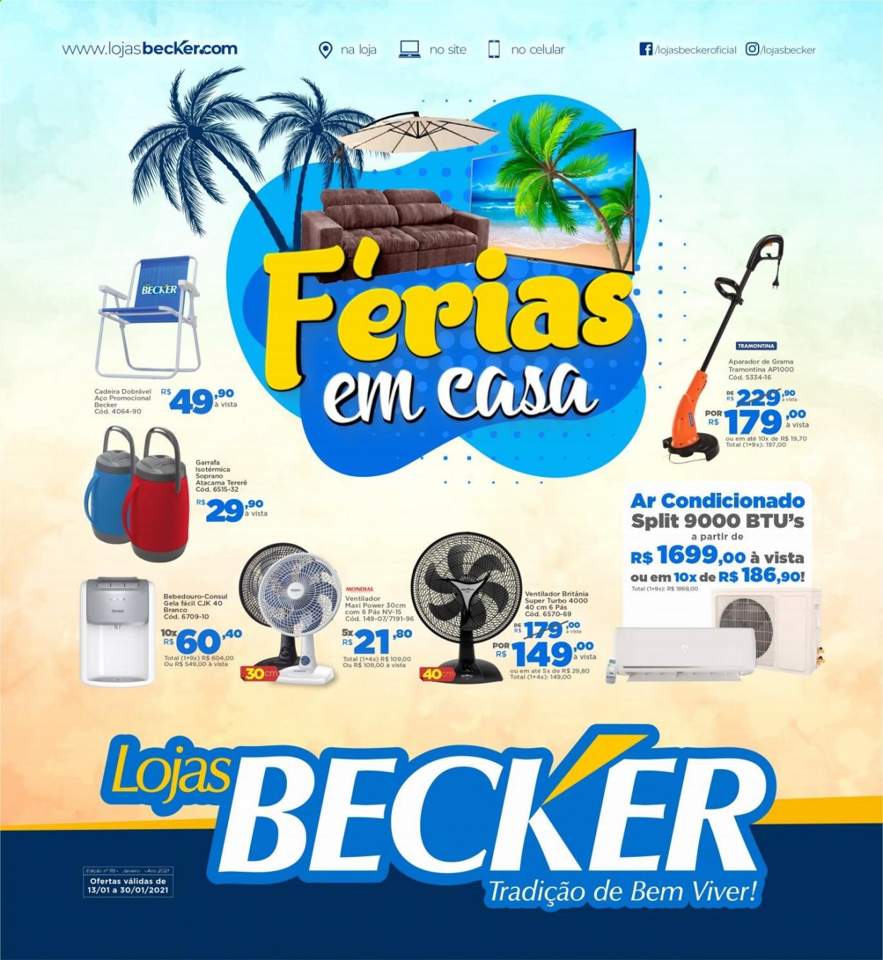 thumbnail - Folheto Lojas Becker - 13/01/2021 - 30/01/2021 - Produtos em promoção - Britânia, Tramontina, garrafa, ar condicionado, ventilador, cadeira. Página 1.