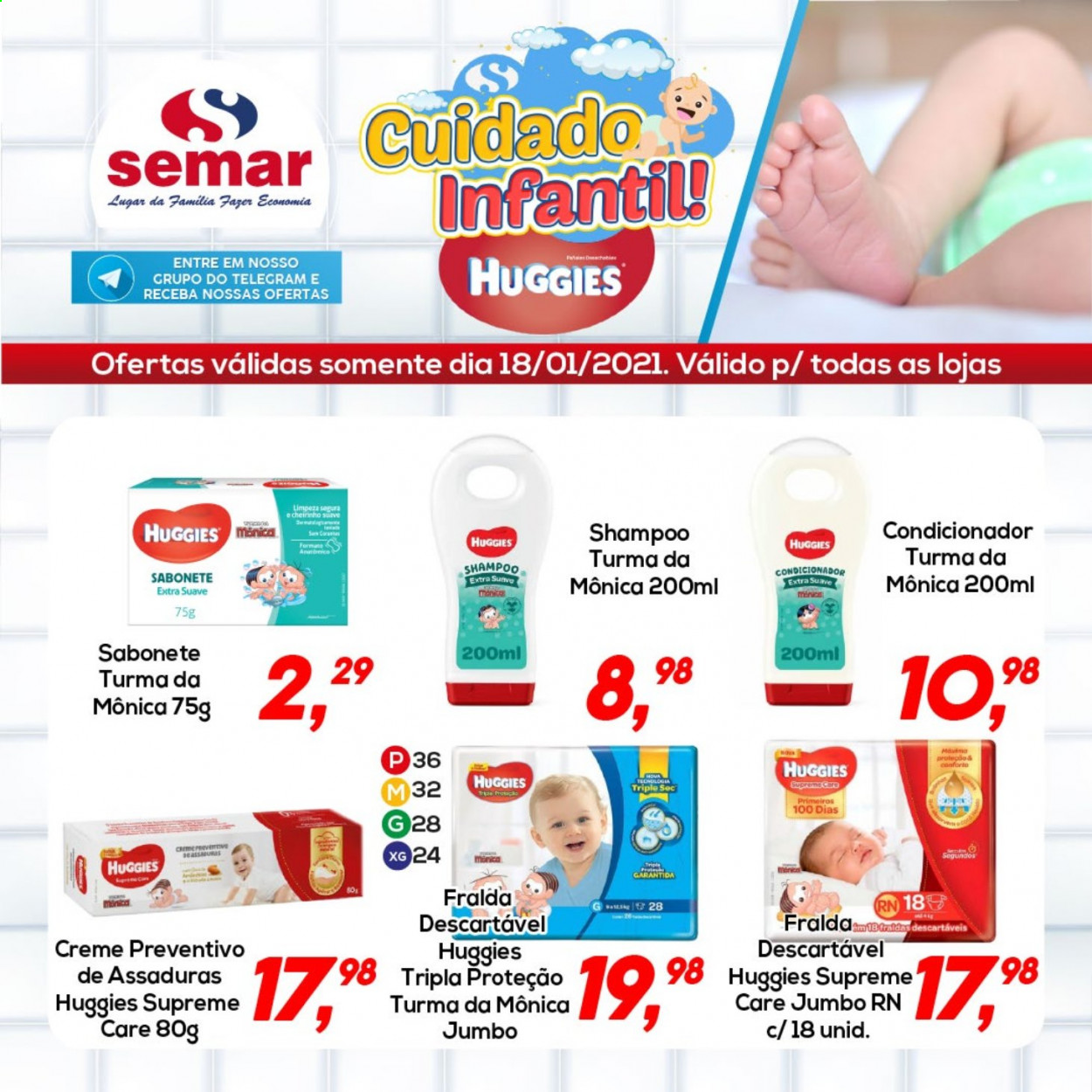thumbnail - Folheto Semar Supermercados - 18/01/2021 - 18/01/2021 - Produtos em promoção - fralda descartável, Huggies, fraldas, sabonete, shampoo, condicionador. Página 1.