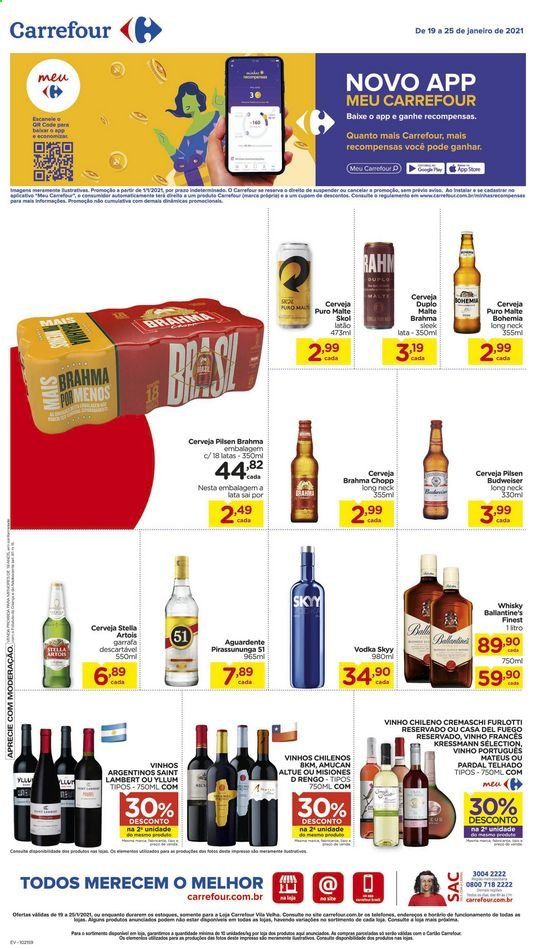 thumbnail - Folheto Carrefour Hiper - 19/01/2021 - 25/01/2021 - Produtos em promoção - Skol, Stella Artois, Budweiser, Brahma, vinho, vinho chileno, vinho português, vodka, whiskey, garrafa, LEGO Duplo. Página 7.