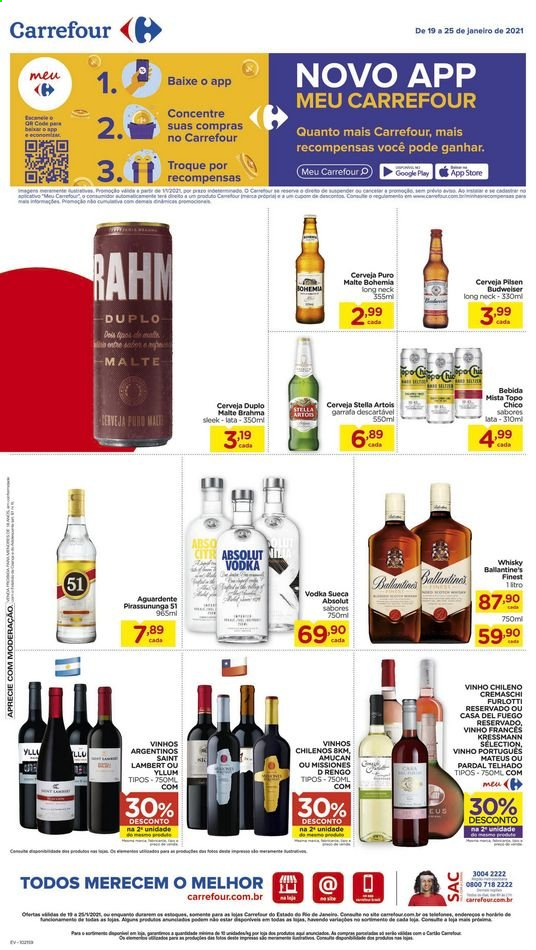 thumbnail - Folheto Carrefour Hiper - 19/01/2021 - 25/01/2021 - Produtos em promoção - Stella Artois, Budweiser, Brahma, vinho, vinho chileno, vinho português, Absolut Vodka, vodka, whiskey, LEGO Duplo. Página 8.