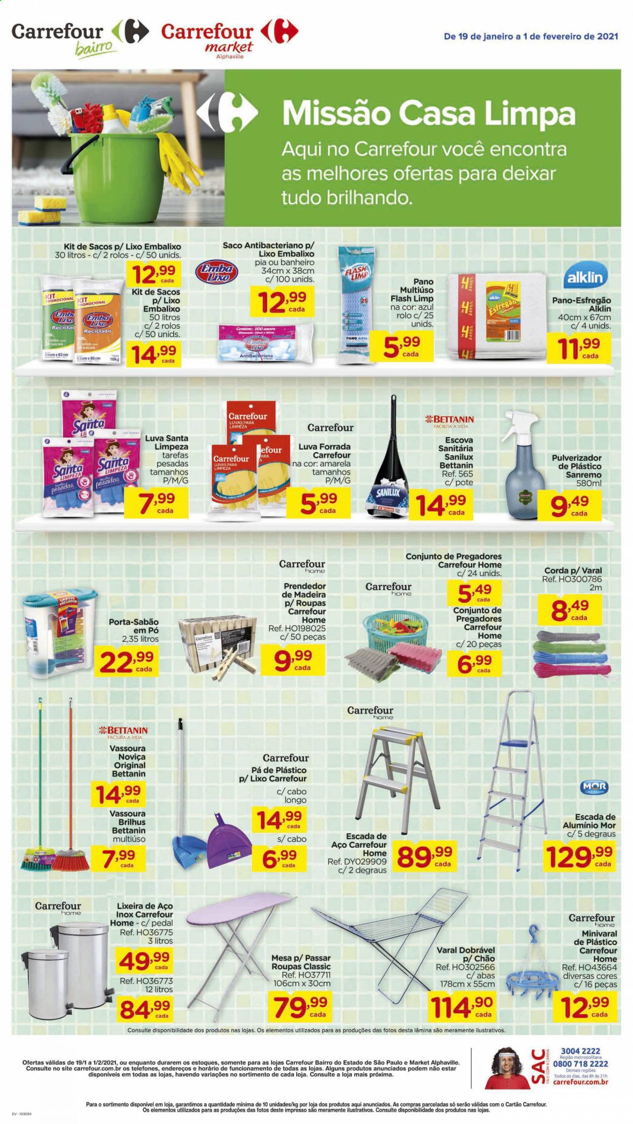 thumbnail - Folheto Carrefour - 19/01/2021 - 01/02/2021 - Produtos em promoção - escova, lixeira, pano de limpeza, vassoura, mesa, luvas, pulverizador, escada. Página 3.