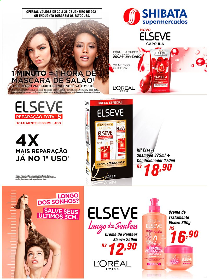 thumbnail - Folheto Shibata Supermercados - 20/01/2021 - 26/01/2021 - Produtos em promoção - shampoo, L’Oréal, creme de pentear, condicionador, Elseve, máscara. Página 1.