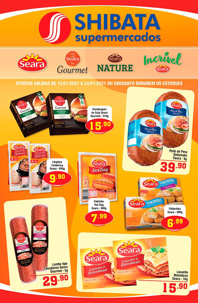 thumbnail - Folheto Shibata Supermercados - 15/01/2021 - 24/01/2021 - Produtos em promoção - lombo, peito de peru, perú, hamburger, lasanha, hot dog, linguiça, salsicha, linguiça calabresa. Página 1.