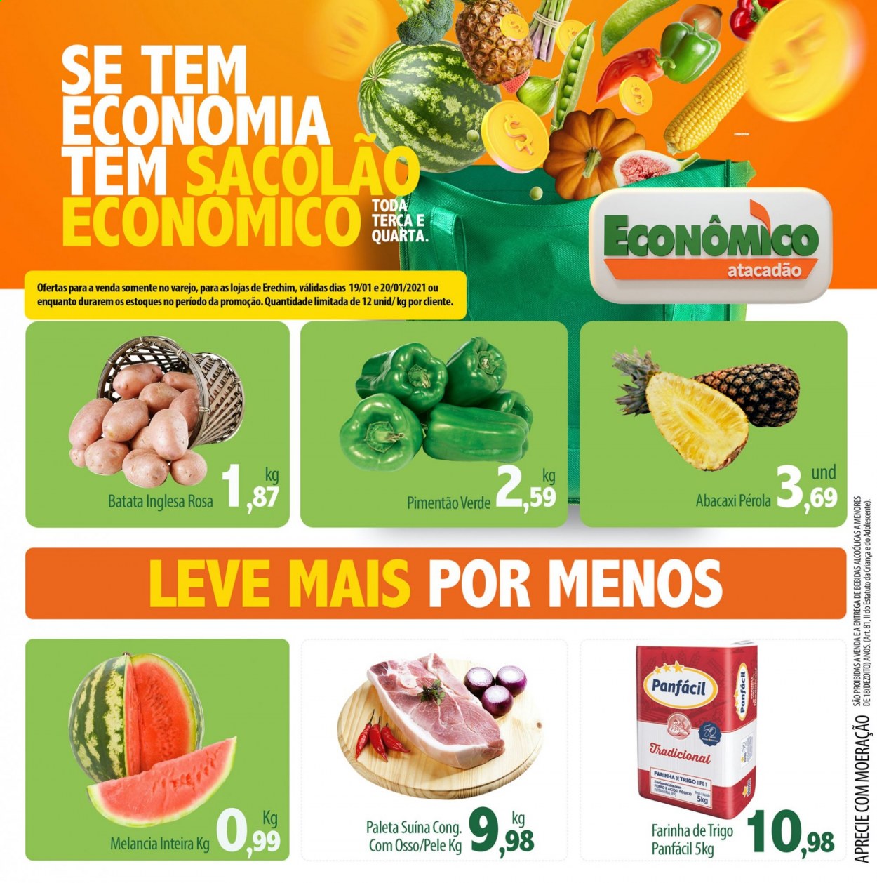 thumbnail - Folheto Econômico Atacadão - 19/01/2021 - 20/01/2021 - Produtos em promoção - abacaxi, melancia, batata, pimentão verde, farinha, farinha de trigo. Página 1.