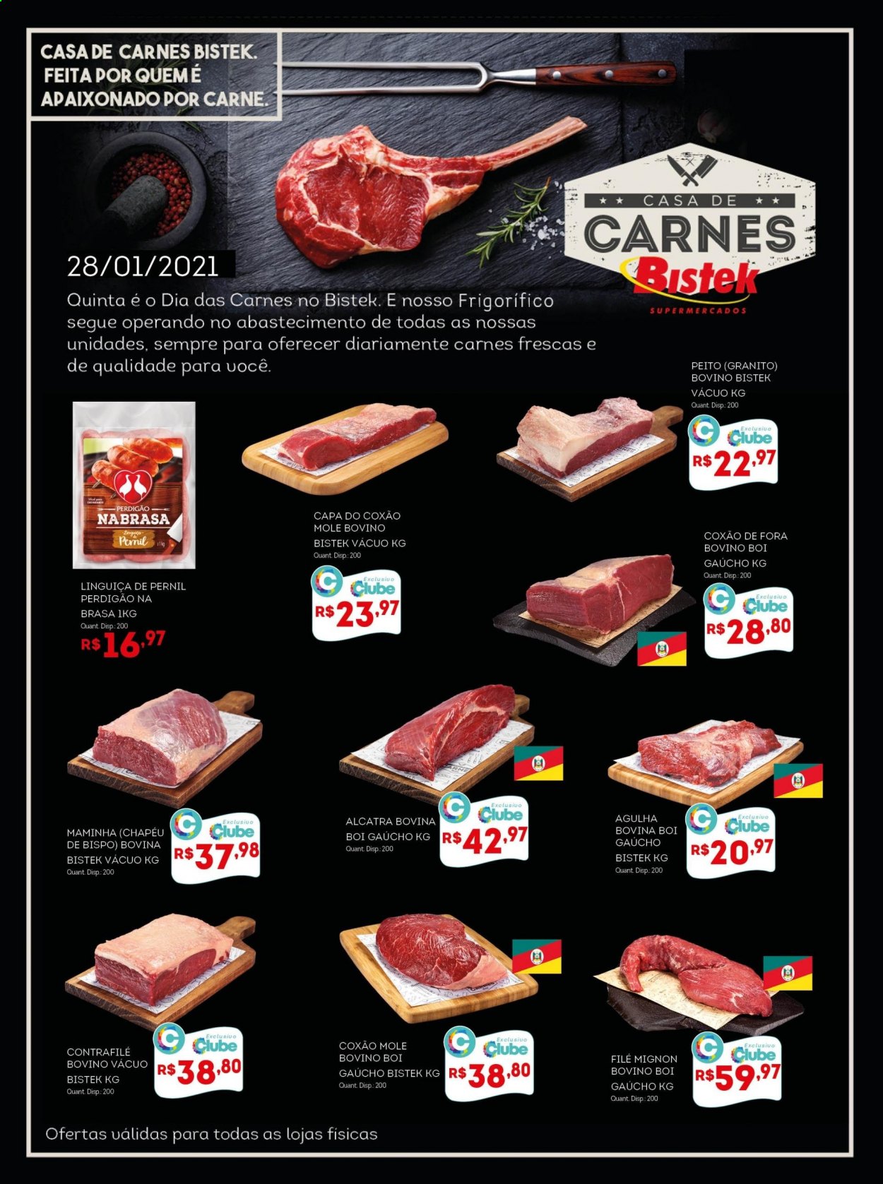 thumbnail - Folheto Bistek Supermercados - 28/01/2021 - 28/01/2021 - Produtos em promoção - carne, pernil, Perdigão, file-mignon, alcatra, coxão mole, linguiça, linguiça de pernil. Página 1.