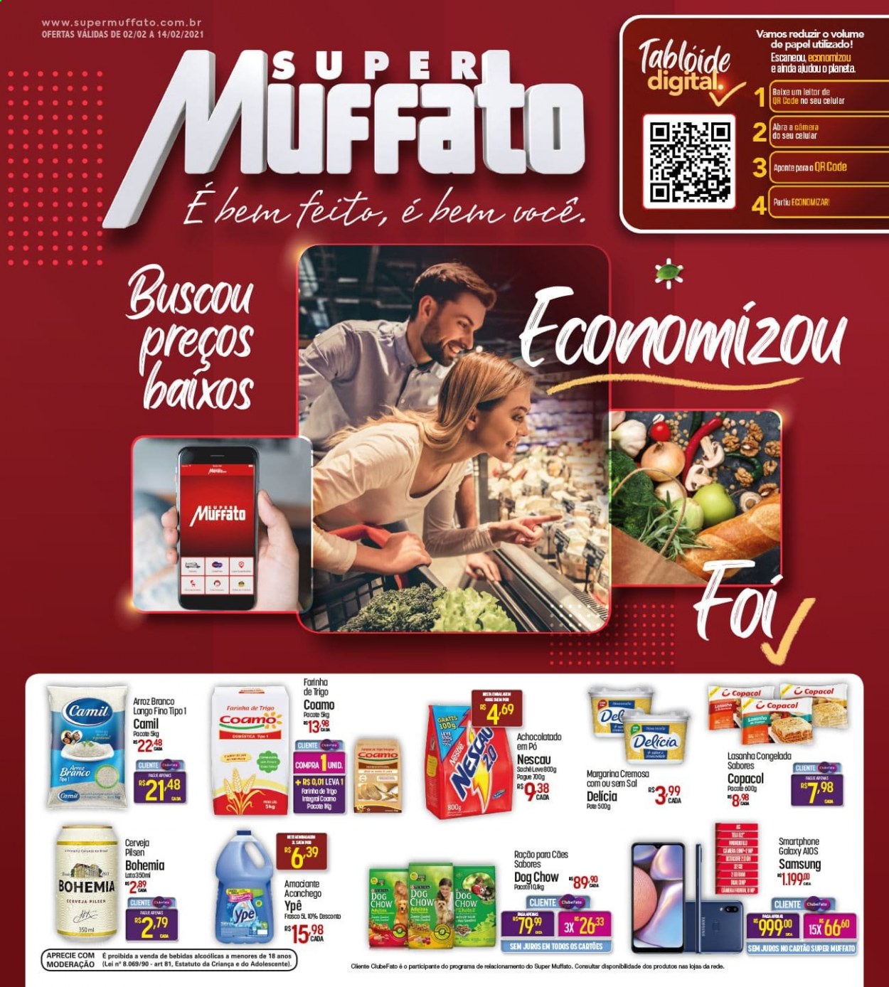 thumbnail - Folheto Super Muffato - 02/02/2021 - 14/02/2021 - Produtos em promoção - Samsung, lasanha, margarina, farinha, farinha de trigo, arroz, arroz branco, Nescau, Ypê. Página 1.