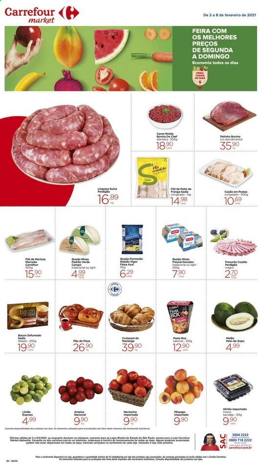 thumbnail - Folheto Carrefour Market - 02/02/2021 - 08/02/2021 - Produtos em promoção - mirtilo, pêssego, peito de frango, presunto, bacon, linguiça, queijo, manteiga, Vigor. Página 1.