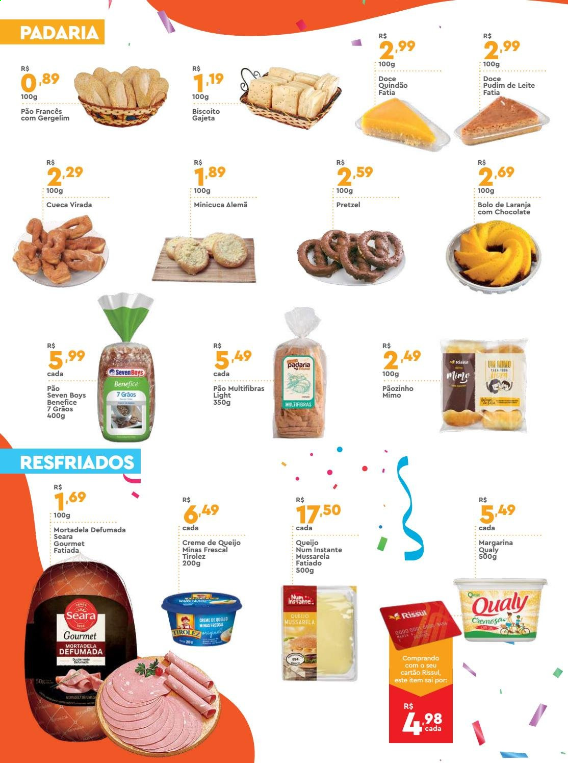 thumbnail - Folheto Supper Rissul - 04/02/2021 - 13/02/2021 - Produtos em promoção - pão, pretzels, bolo, mortadela, queijo minas, mozzarella, margarina, biscoito. Página 8.