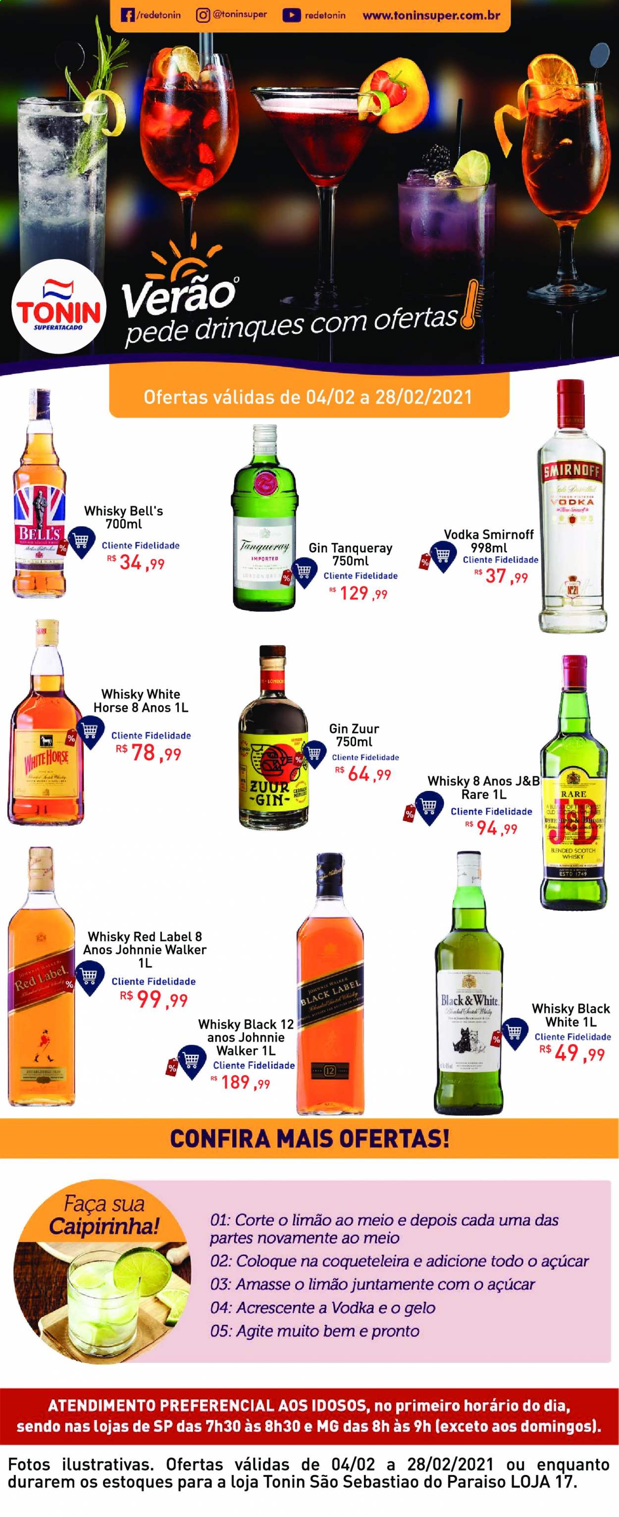 thumbnail - Folheto Tonin - 04/02/2021 - 28/02/2021 - Produtos em promoção - limão, açúcar, gin, vodka, whiskey, Smirnoff, scotch whisky, Johnnie Walker. Página 1.