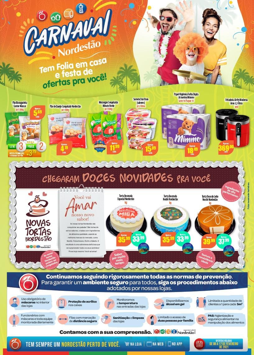 thumbnail - Folheto Nordestão - 08/02/2021 - 17/02/2021 - Produtos em promoção - pão, torta, leite, sorvete, Nestlé, máscara. Página 1.