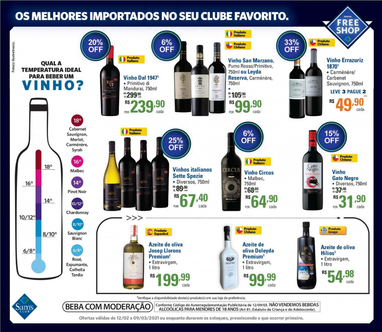thumbnail - Folheto Sam's Club - 12/02/2021 - 09/03/2021 - Produtos em promoção - azeite de oliva, vinho, espumante, Chardonnay, syrah, sauvignon blanc, Pinot Noir, merlot, malbec, cabernet. Página 13.