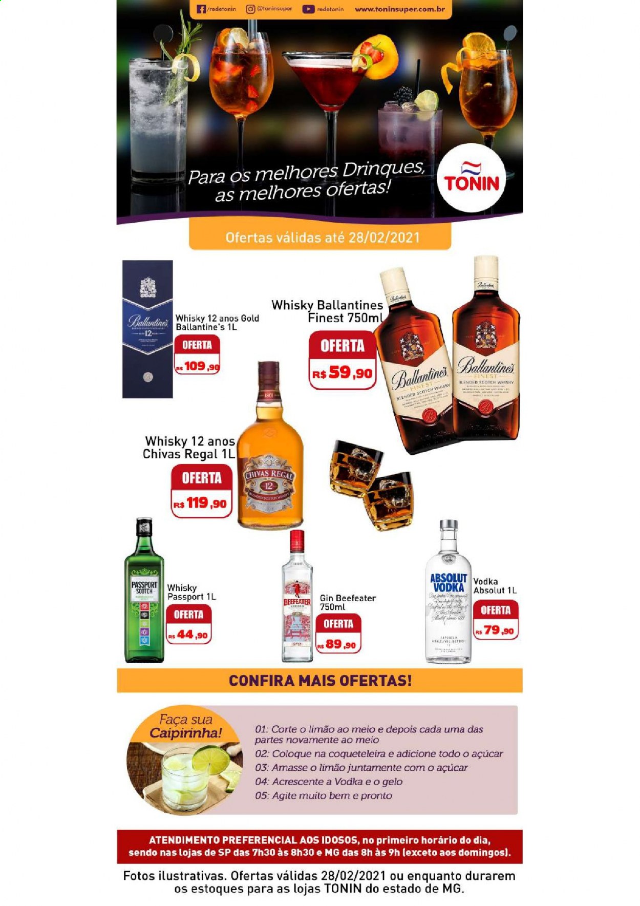 thumbnail - Folheto Tonin - 12/02/2021 - 28/02/2021 - Produtos em promoção - limão, açúcar, Absolut Vodka, Beefeater, gin, vodka, whiskey, scotch whisky. Página 1.