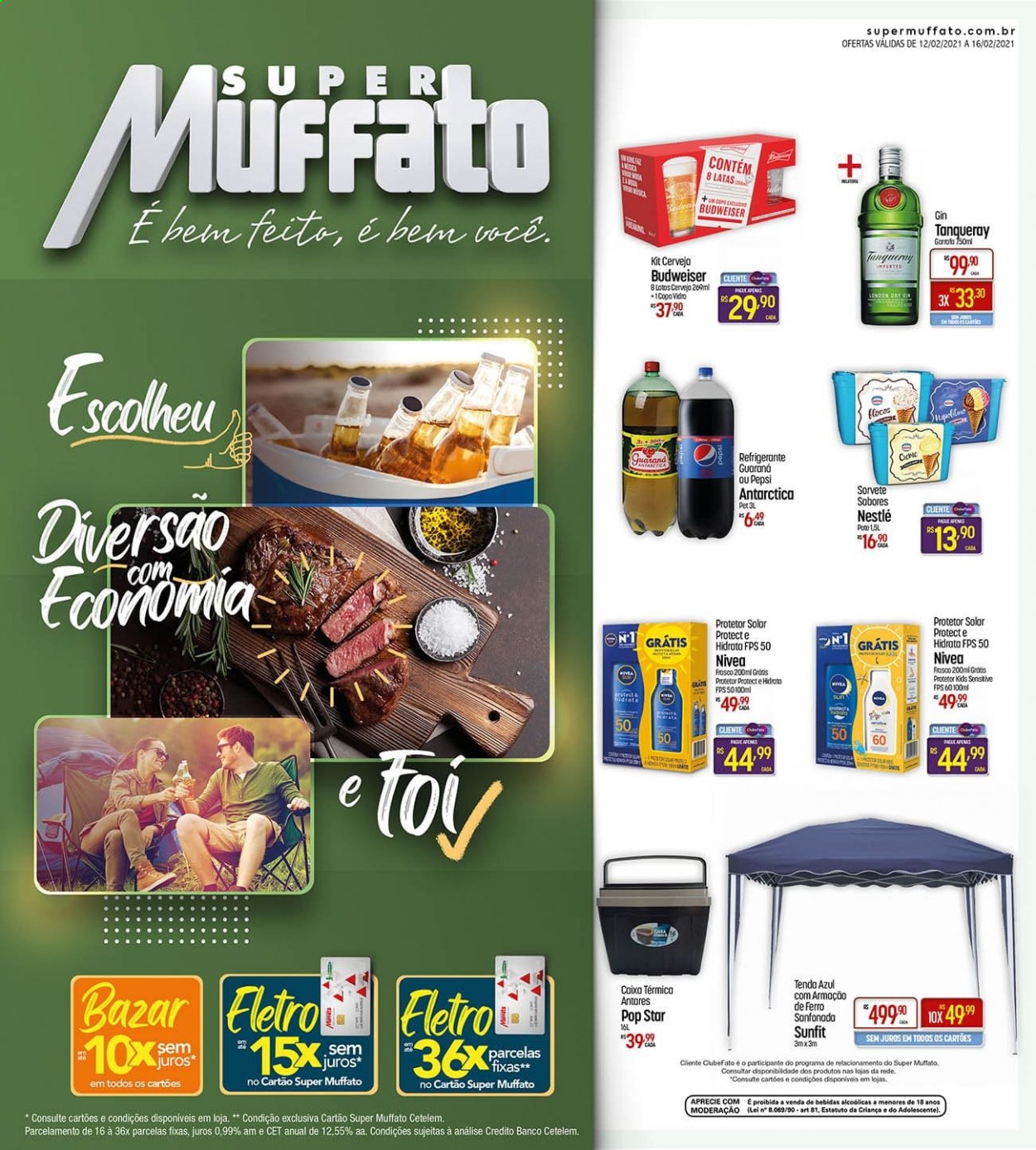 thumbnail - Folheto Super Muffato - 12/02/2021 - 16/02/2021 - Produtos em promoção - Budweiser, Antárctica, sorvete, Nestlé, flocos, Pepsi, refrigerante, gin, Nivea, creme solar. Página 1.