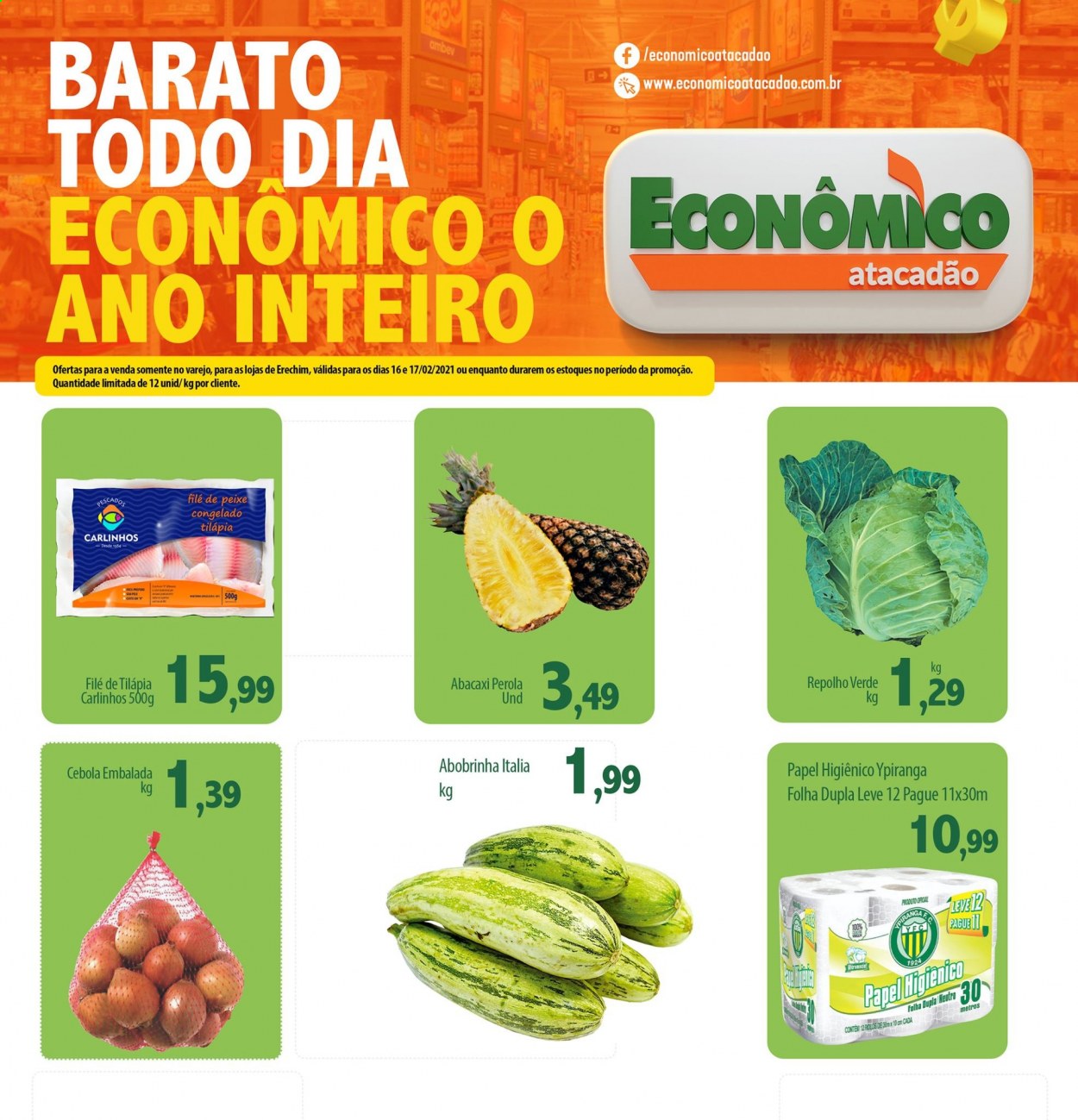thumbnail - Folheto Econômico Atacadão - 16/02/2021 - 17/02/2021 - Produtos em promoção - abacaxi, abobrinha, cebola, repolho, tilapia, papel higiénico. Página 1.