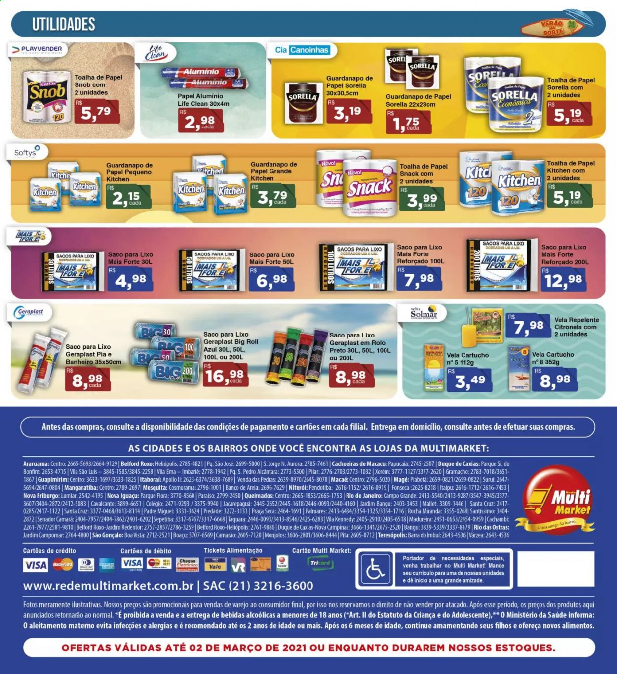 thumbnail - Folheto Rede Multi Market - 18/02/2021 - 02/03/2021 - Produtos em promoção - camarão, Aurora, guardanapo, papel toalha, saco para lixo, repelente. Página 16.