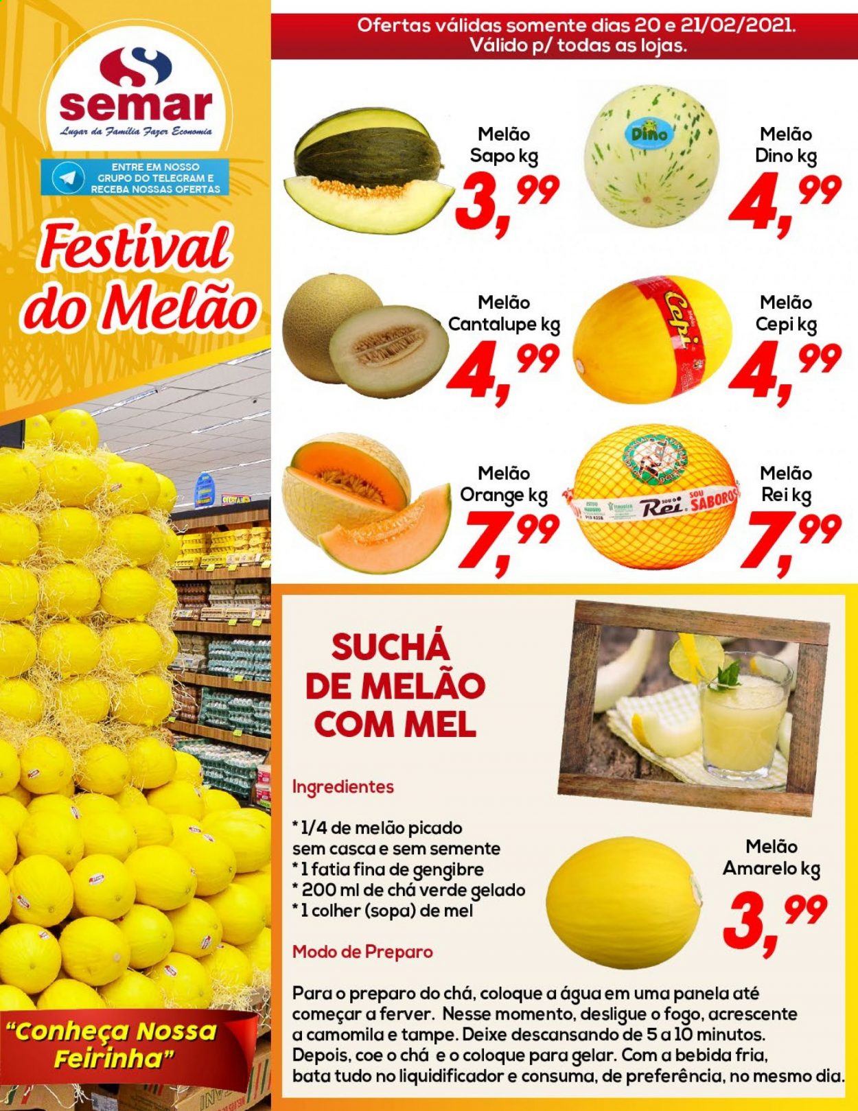 thumbnail - Folheto Semar Supermercados - 20/02/2021 - 21/02/2021 - Produtos em promoção - melão, colher, panela. Página 1.
