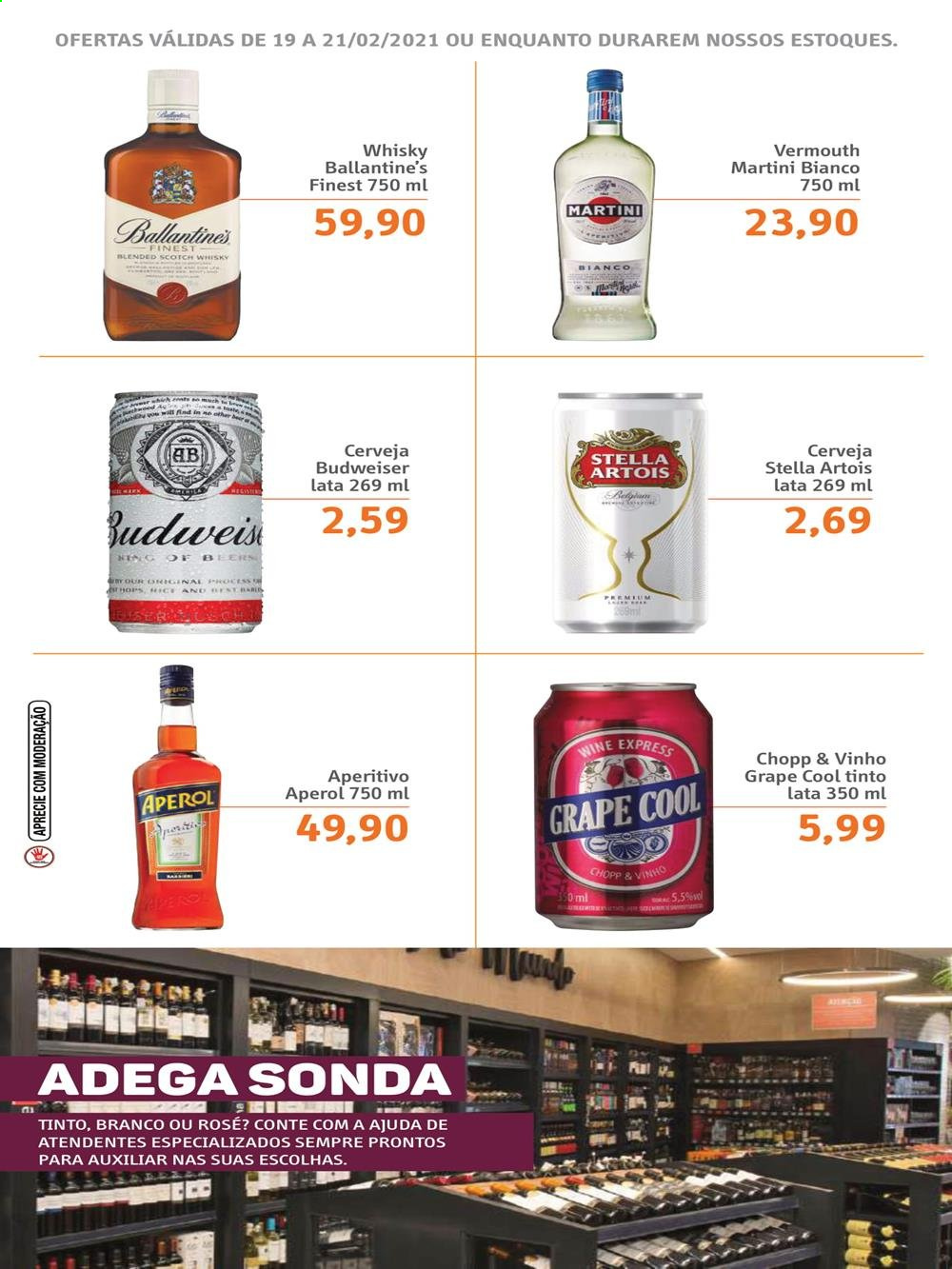 thumbnail - Folheto Sonda Supermercados - 19/02/2021 - 21/02/2021 - Produtos em promoção - Stella Artois, Budweiser, vinho, Aperol, vermouth, whiskey, scotch whisky, Martini. Página 3.