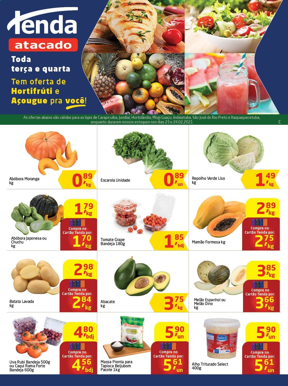 Folheto Tenda Atacado - 23/02/2021 - 25/02/2021 - Produtos em promoção - melão, uva, abacate, mamão, tomate, chuchu, batata, abóbora, alho, repolho, escarola. Página 1.