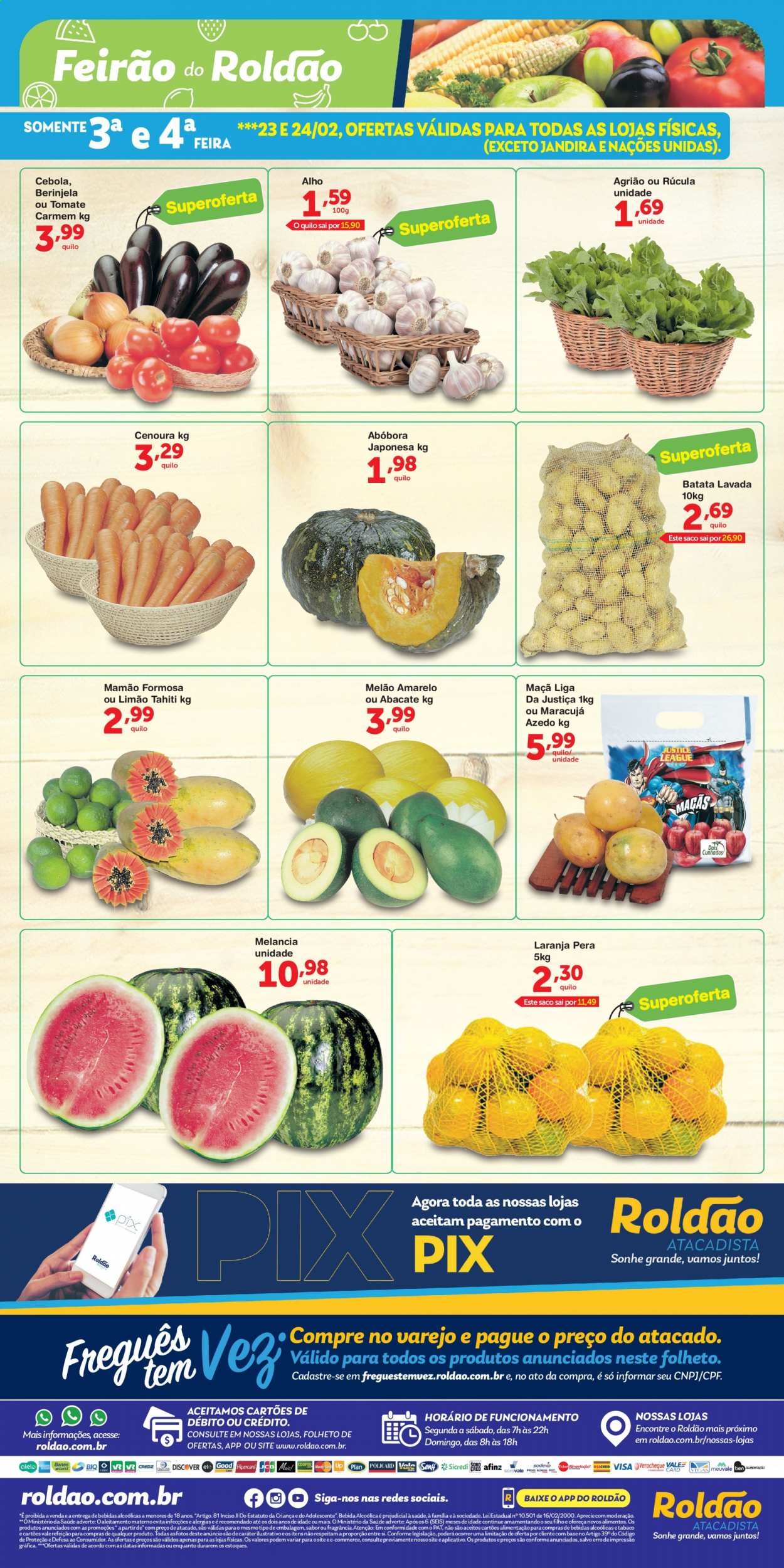 thumbnail - Folheto Roldão - 23/02/2021 - 24/02/2021 - Produtos em promoção - maracujá, pera, melão, abacate, melancia, mamão, tomate, batata, agrião, abóbora, alho, cebola, cenoura, rúcula. Página 1.