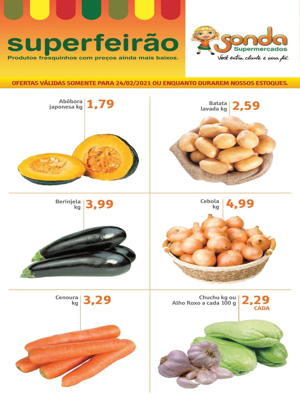 thumbnail - Folheto Sonda Supermercados - 24/02/2021 - 24/02/2021 - Produtos em promoção - chuchu, batata, abóbora, alho, cebola, cenoura. Página 1.