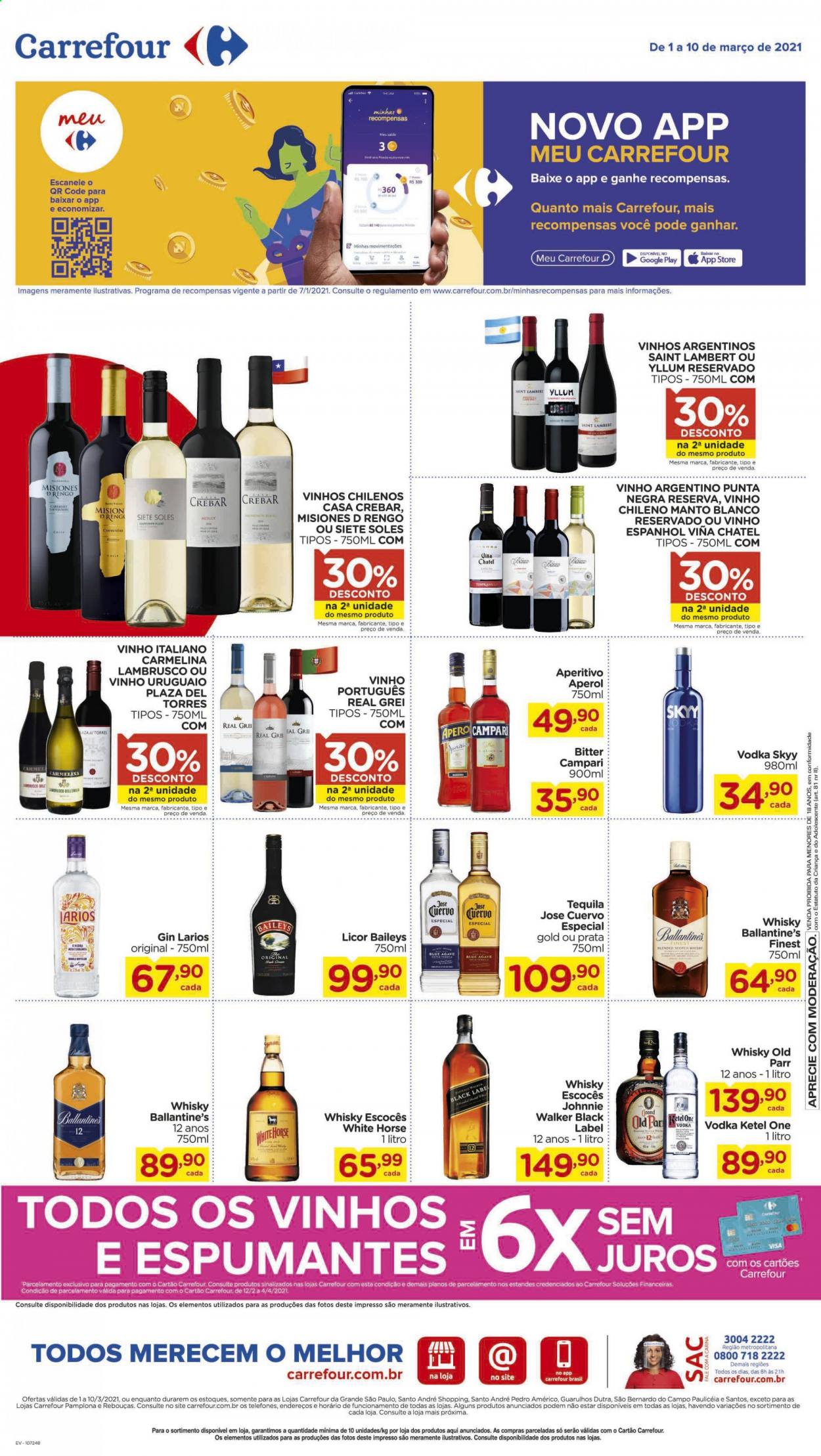 thumbnail - Folheto Carrefour Hiper - 01/03/2021 - 10/03/2021 - Produtos em promoção - vinho, vinho argentino, vinho chileno, vinho italiano, vinho português, lambrusco, Aperol, gin, vodka, whiskey, tequila, Johnnie Walker. Página 11.