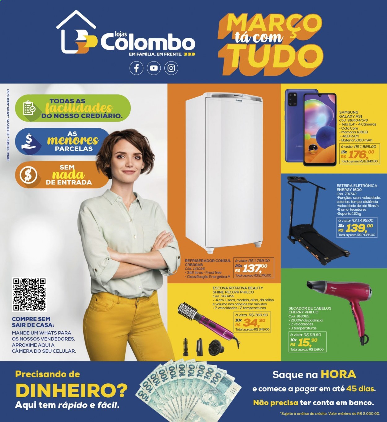 thumbnail - Folheto Lojas Colombo - 01/03/2021 - 31/03/2021 - Produtos em promoção - Samsung, Philco, escova, bateria, esteira, Samsung Galaxy, refrigerador, secador de cabelos. Página 1.