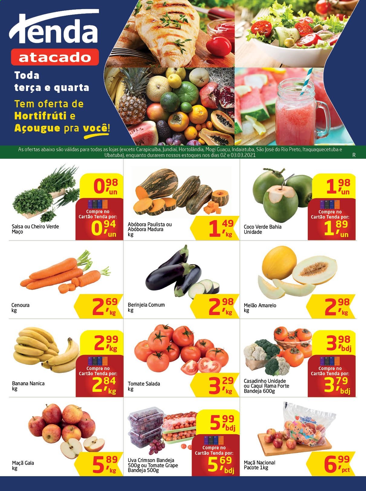 Folheto Tenda Atacado - 02/03/2021 - 03/03/2021 - Produtos em promoção - banana, maçã, melão, uva, tomate, salada, abóbora, cenoura, cheiro verde, coco. Página 1.