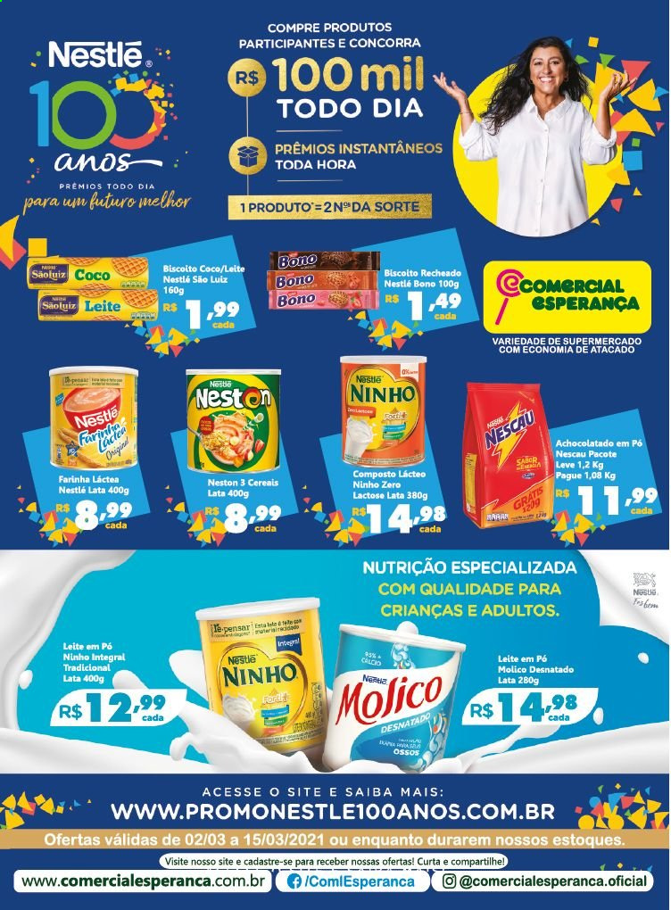 thumbnail - Folheto Comercial Esperança - 02/03/2021 - 15/03/2021 - Produtos em promoção - achocolatado, biscoito, Nestlé, biscoito recheado, leite em pó, cereais, coco, Ninho, Nescau. Página 1.