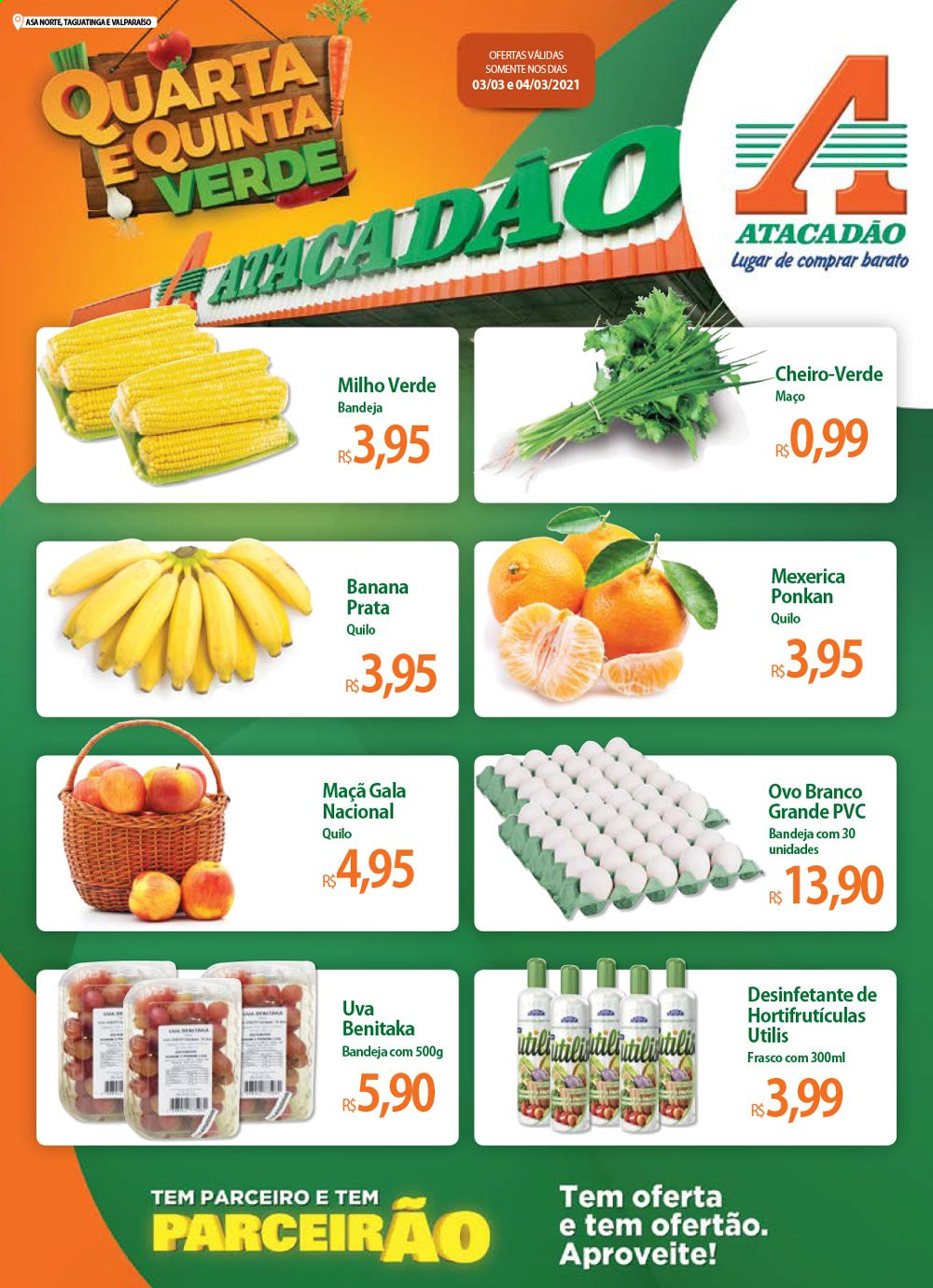 thumbnail - Folheto Atacadão - 03/03/2021 - 04/03/2021 - Produtos em promoção - banana, maçã, mexerica, uva, milho, ovos, desinfetante, bandeja. Página 1.
