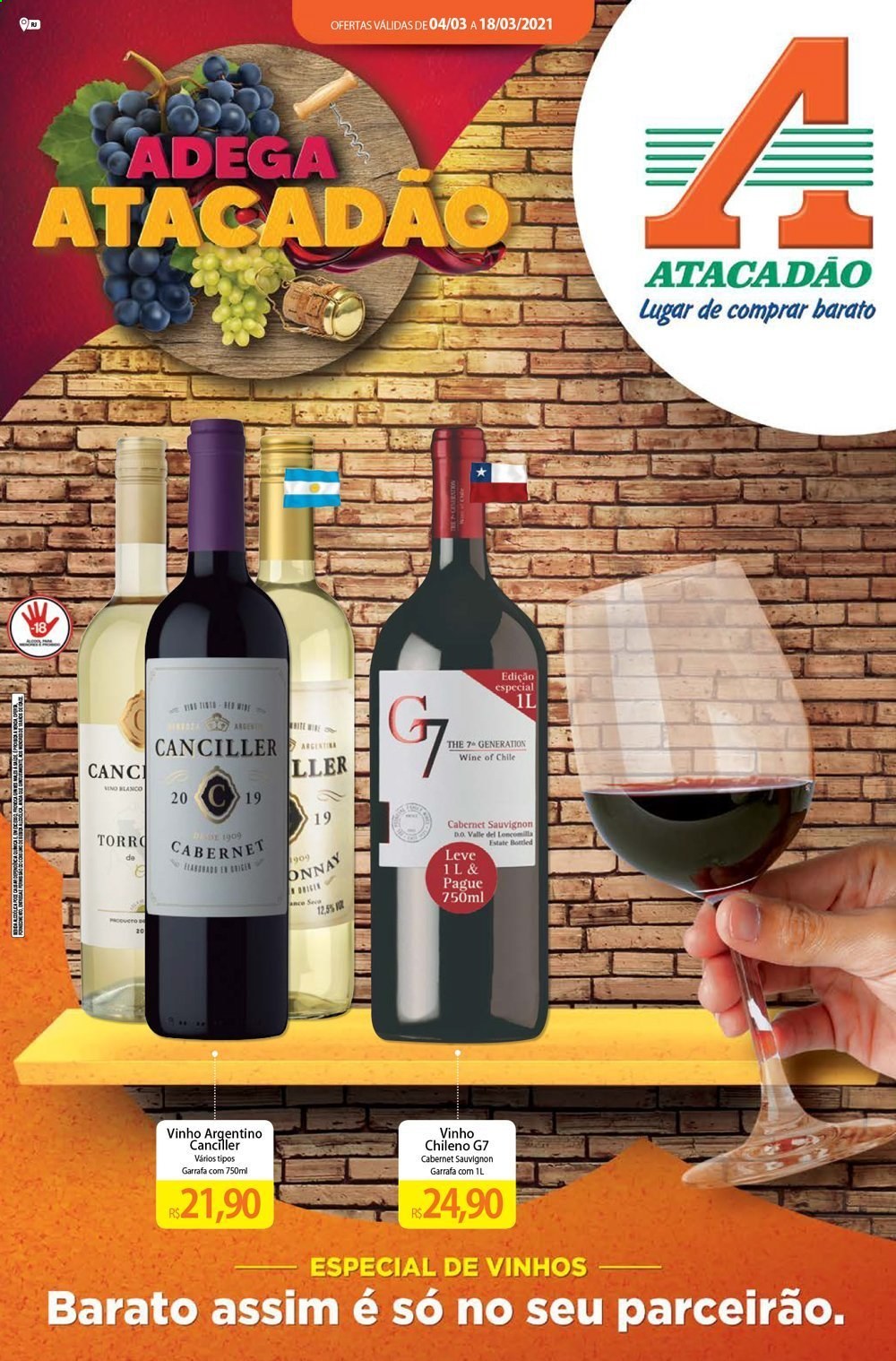 thumbnail - Folheto Atacadão - 04/03/2021 - 18/03/2021 - Produtos em promoção - vinho, vinho argentino, vinho chileno, cabernet, cabernet sauvignon, garrafa. Página 1.