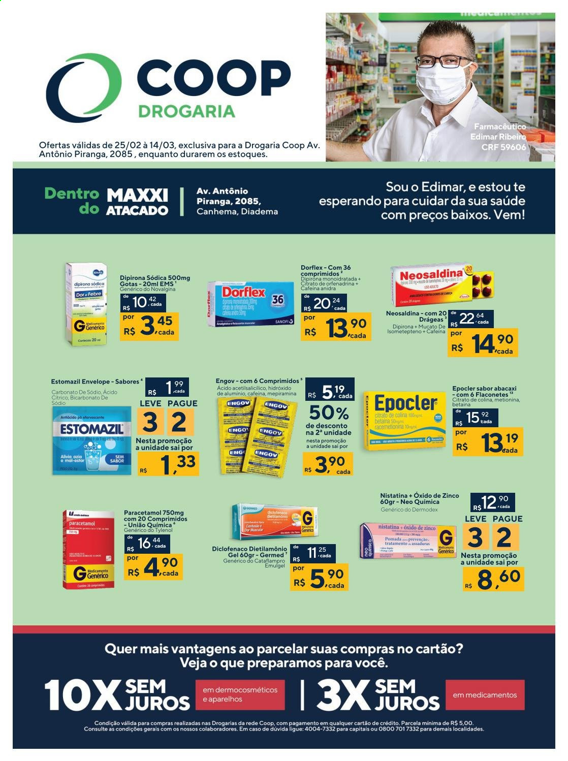 thumbnail - Folheto Coop Drogaria - 25/02/2021 - 14/03/2021 - Produtos em promoção - Paracetamol, Tylenol, Neosaldina, Dipirona, Dorflex, Epocler, Diclofenaco, Germed. Página 1.