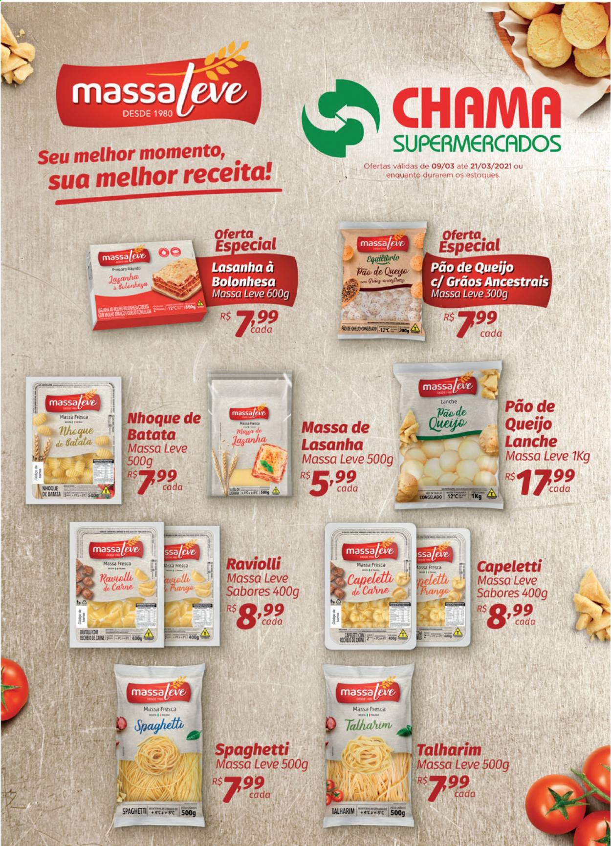 thumbnail - Folheto Chama Supermercados - 09/03/2021 - 21/03/2021 - Produtos em promoção - pão de queijo, pão, frango, lasanha, nhoque, ravioli, capeletti, spaghetti. Página 1.