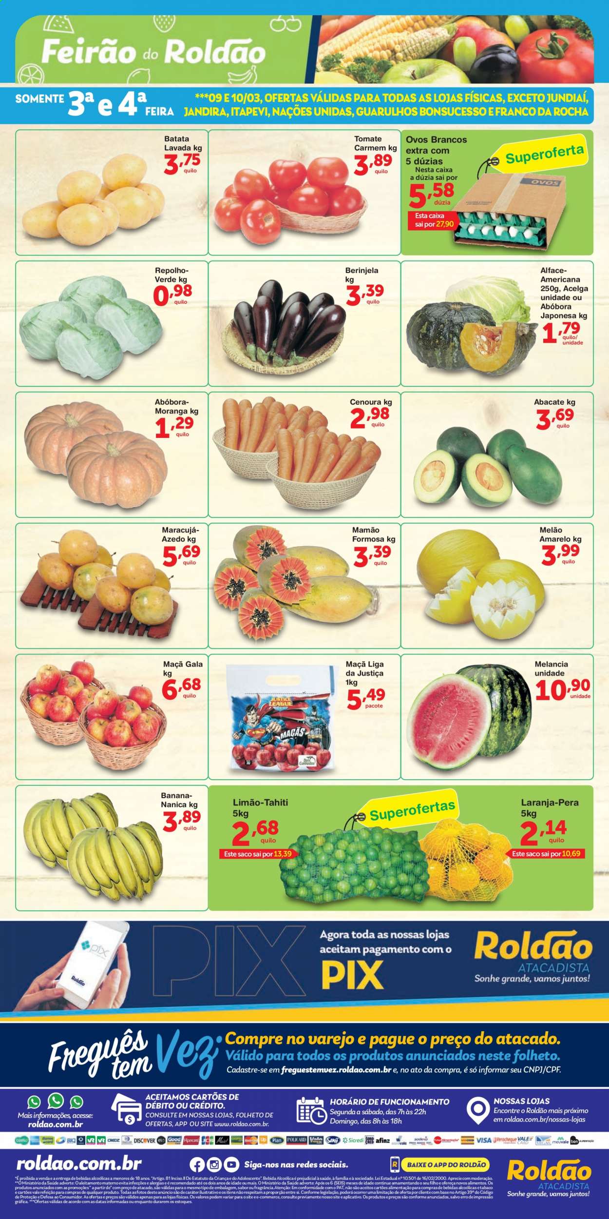 thumbnail - Folheto Roldão - 09/03/2021 - 10/03/2021 - Produtos em promoção - pera, melão, abacate, melancia, limão, mamão, tomate, batata, abóbora, acelga, cenoura, ovos, ovos brancos. Página 1.