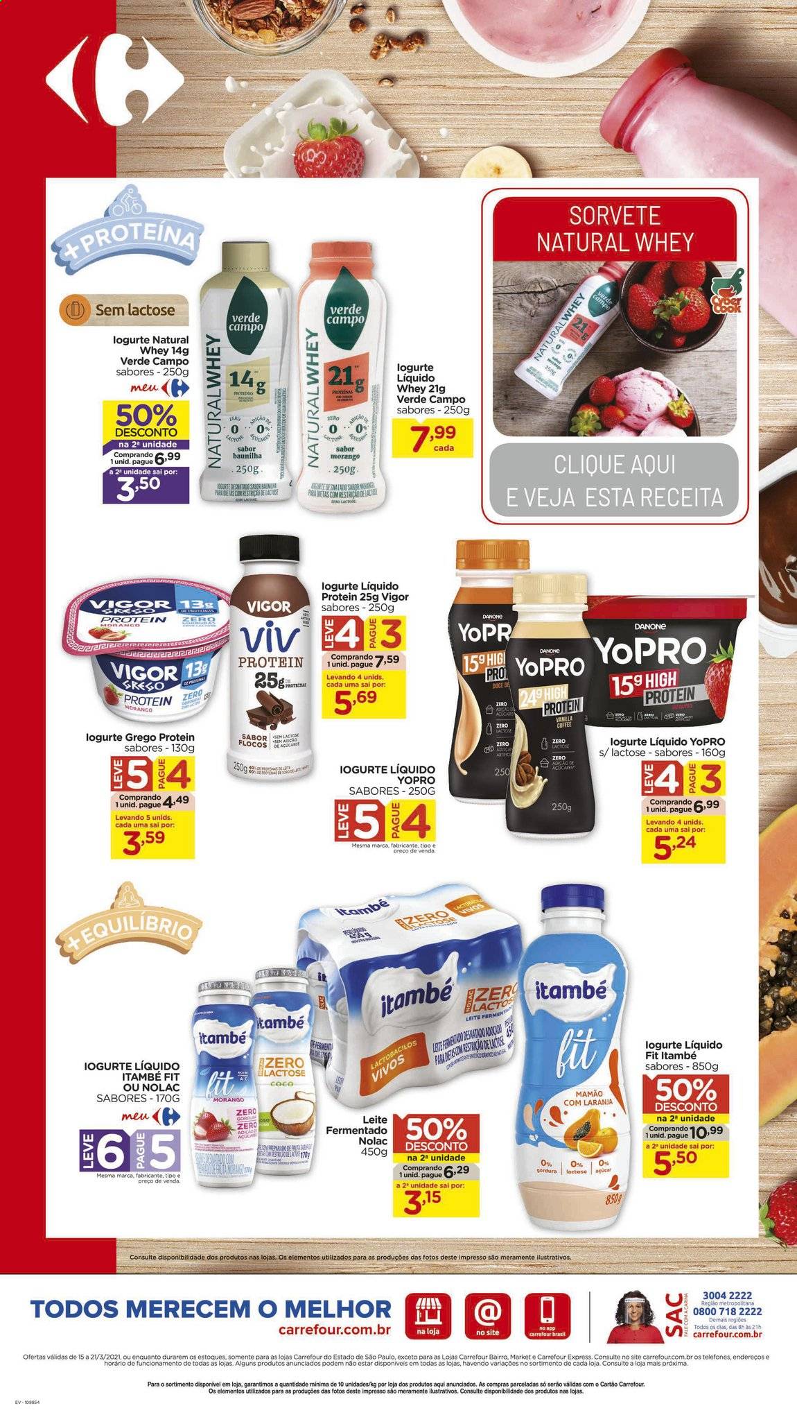 thumbnail - Folheto Carrefour Hiper - 15/03/2021 - 21/03/2021 - Produtos em promoção - mamão, iogurte, Danone, iogurte líquido, Yopro, leite, sorvete, açúcar, flocos, coco, Vigor. Página 4.