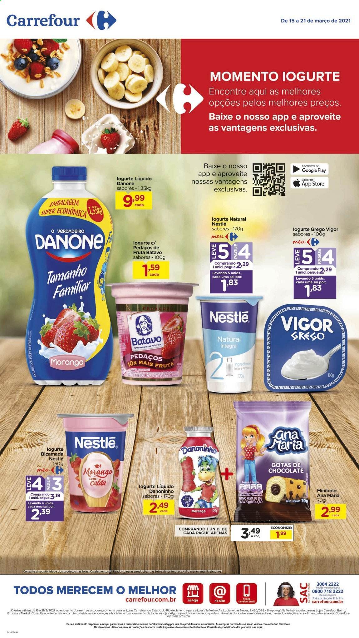 thumbnail - Folheto Carrefour Hiper - 15/03/2021 - 21/03/2021 - Produtos em promoção - iogurte, Danone, leite, Nestlé, Vigor. Página 1.