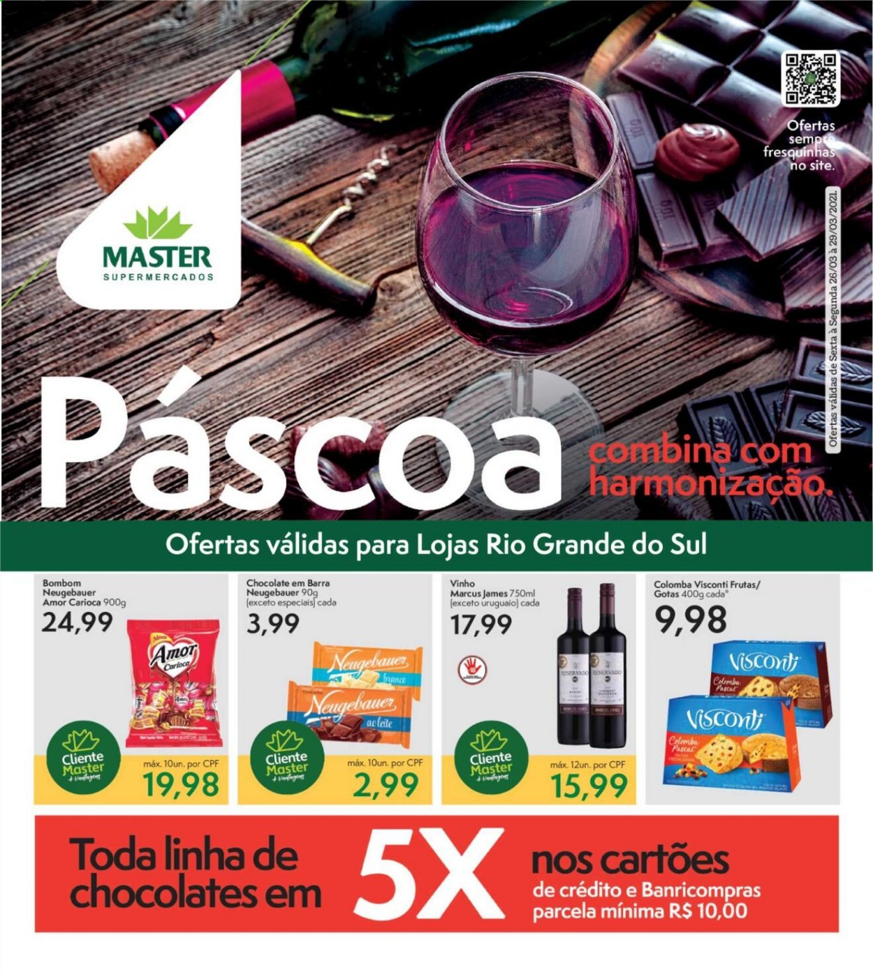 thumbnail - Folheto Master Supermercados - 26/03/2021 - 29/03/2021 - Produtos em promoção - chocolate, bombom, Neugebauer, vinho. Página 1.