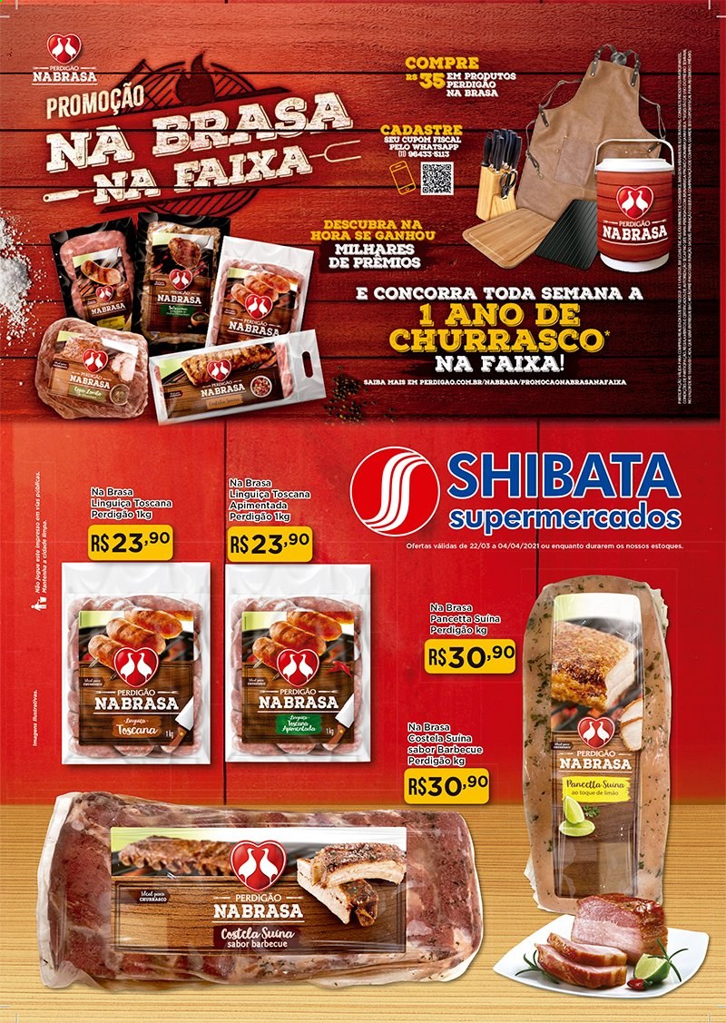 thumbnail - Folheto Shibata Supermercados - 22/03/2021 - 04/04/2021 - Produtos em promoção - costela, costela suína, Perdigão, linguiça, linguiça toscana, barbecue. Página 1.