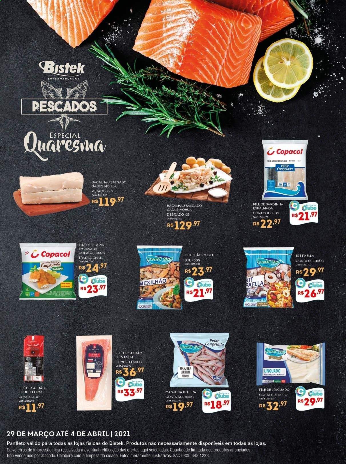 thumbnail - Folheto Bistek Supermercados - 29/03/2021 - 04/04/2021 - Produtos em promoção - salmão, bacalhau, linguado, tilapia, paella, sardinhas. Página 2.