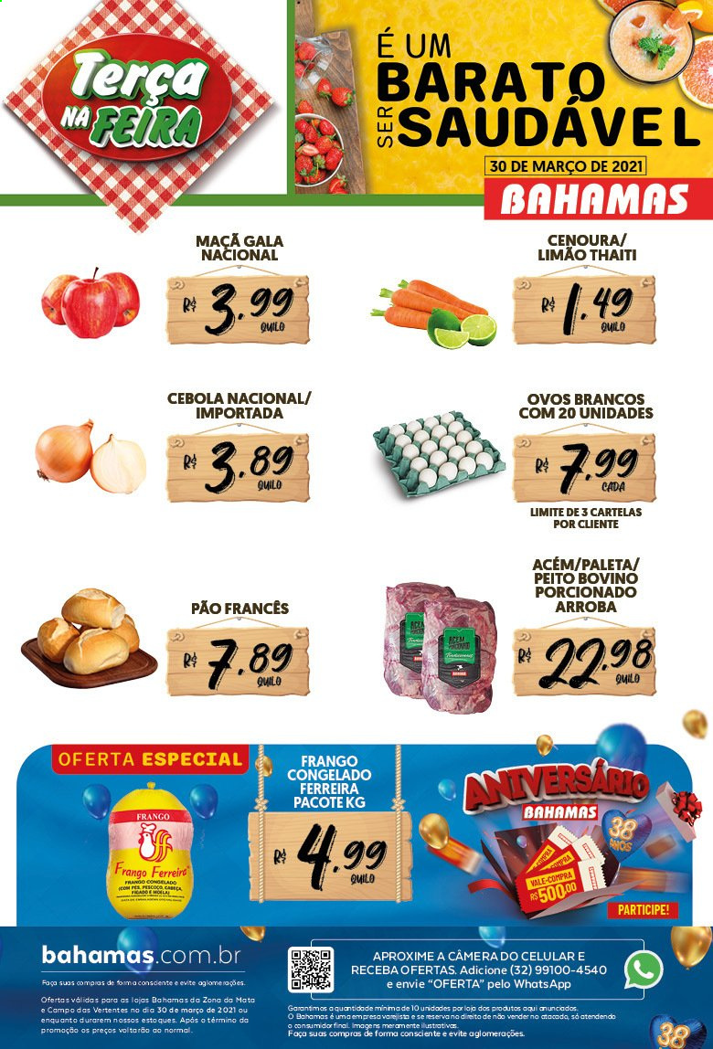 thumbnail - Folheto Bahamas Supermercados - 30/03/2021 - 30/03/2021 - Produtos em promoção - maçã, limão, cebola, cenoura, pão, frango, frango congelado, ovos, ovos brancos. Página 1.