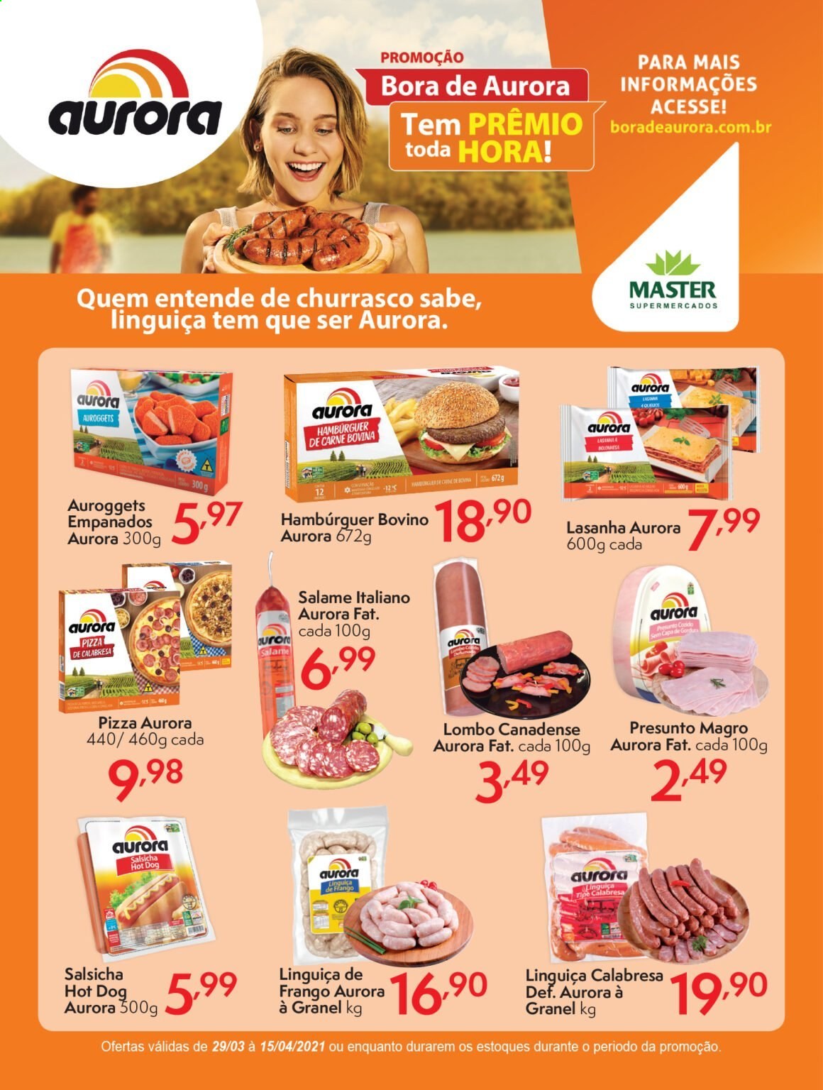 thumbnail - Folheto Master Supermercados - 29/03/2021 - 15/04/2021 - Produtos em promoção - lombo, churrasco, carne bovina, hamburger, pizza, lasanha, hot dog, linguiça, salsicha, linguiça calabresa. Página 1.