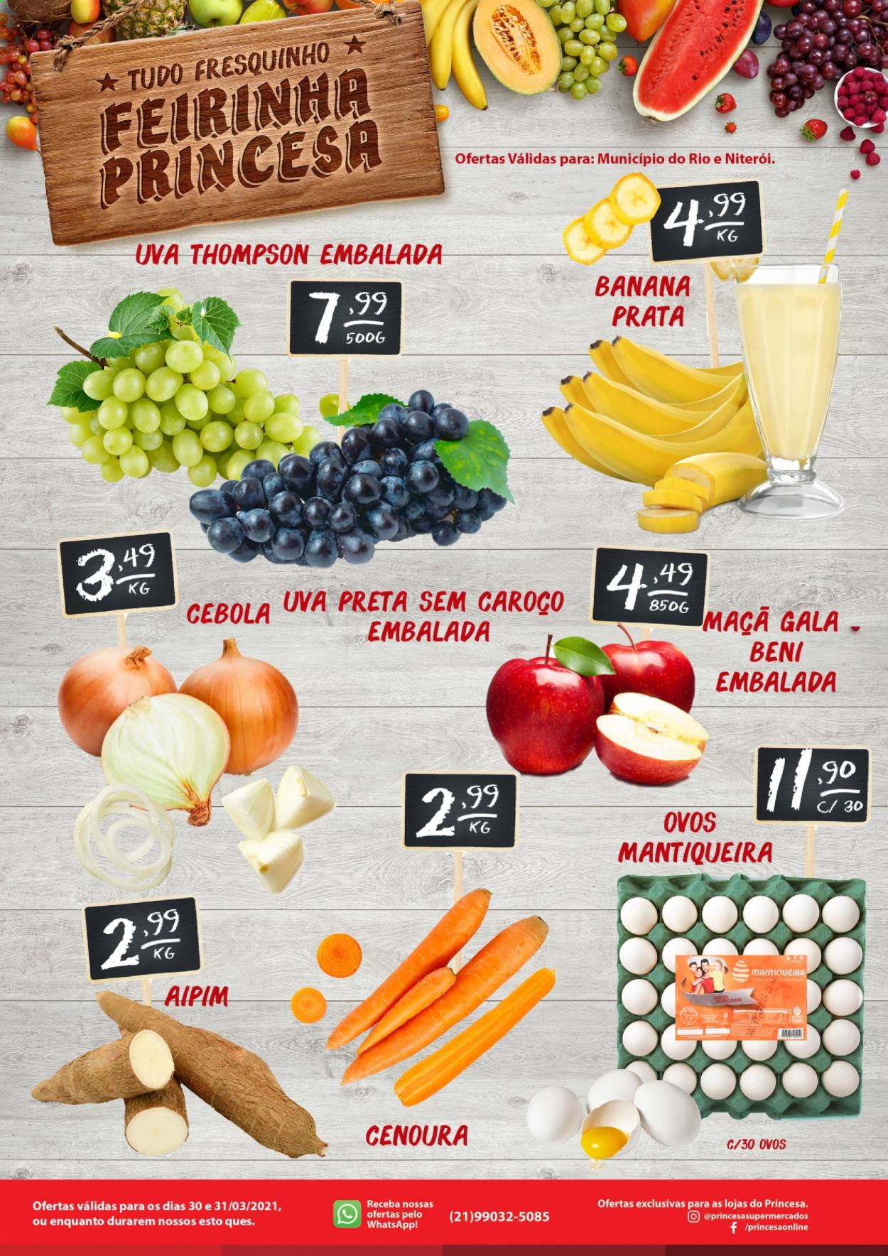 thumbnail - Folheto Princesa Supermercados - 30/03/2021 - 31/03/2021 - Produtos em promoção - banana, maçã, uva, cebola, cenoura, ovos. Página 1.