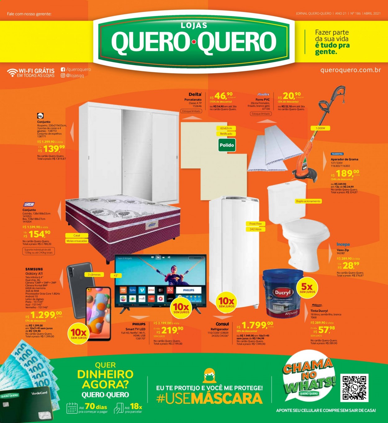 thumbnail - Folheto Quero Quero - 29/03/2021 - 10/04/2021 - Produtos em promoção - Samsung Galaxy, TV Led, Smart TV, refrigerador, colchão, roupeiro, espelho, vaso, porcelanato. Página 1.