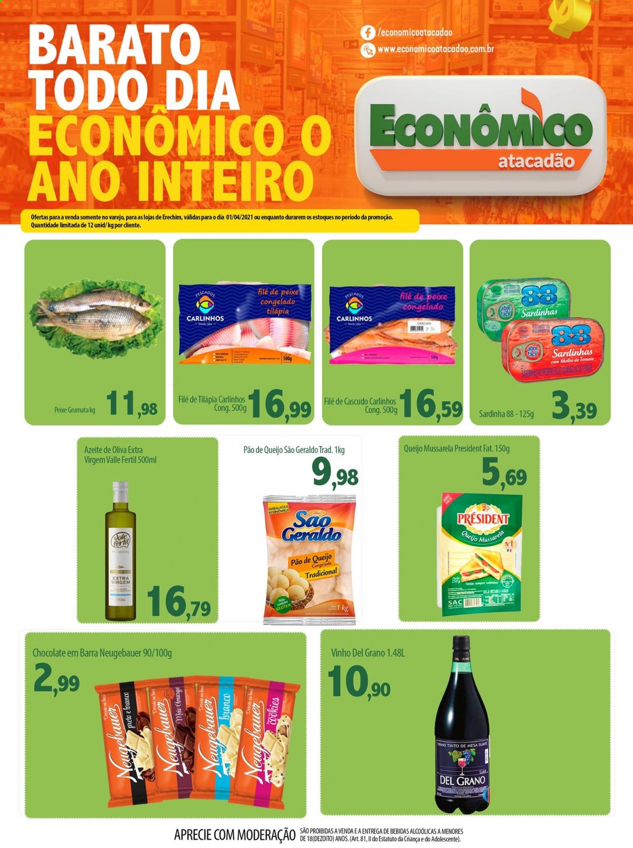 thumbnail - Folheto Econômico Atacadão - 01/04/2021 - 01/04/2021 - Produtos em promoção - pão de queijo, pão, tilapia, mozzarella, chocolate, Neugebauer, sardinhas, azeite de oliva, vinho. Página 1.