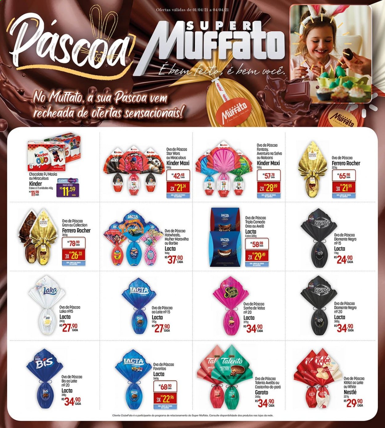 thumbnail - Folheto Super Muffato - 01/04/2021 - 04/04/2021 - Produtos em promoção - Oreo, Kinder, ovos, chocolate, Ferrero Rocher, Nestlé, ovo de Páscoa, avelã, Barbie. Página 1.