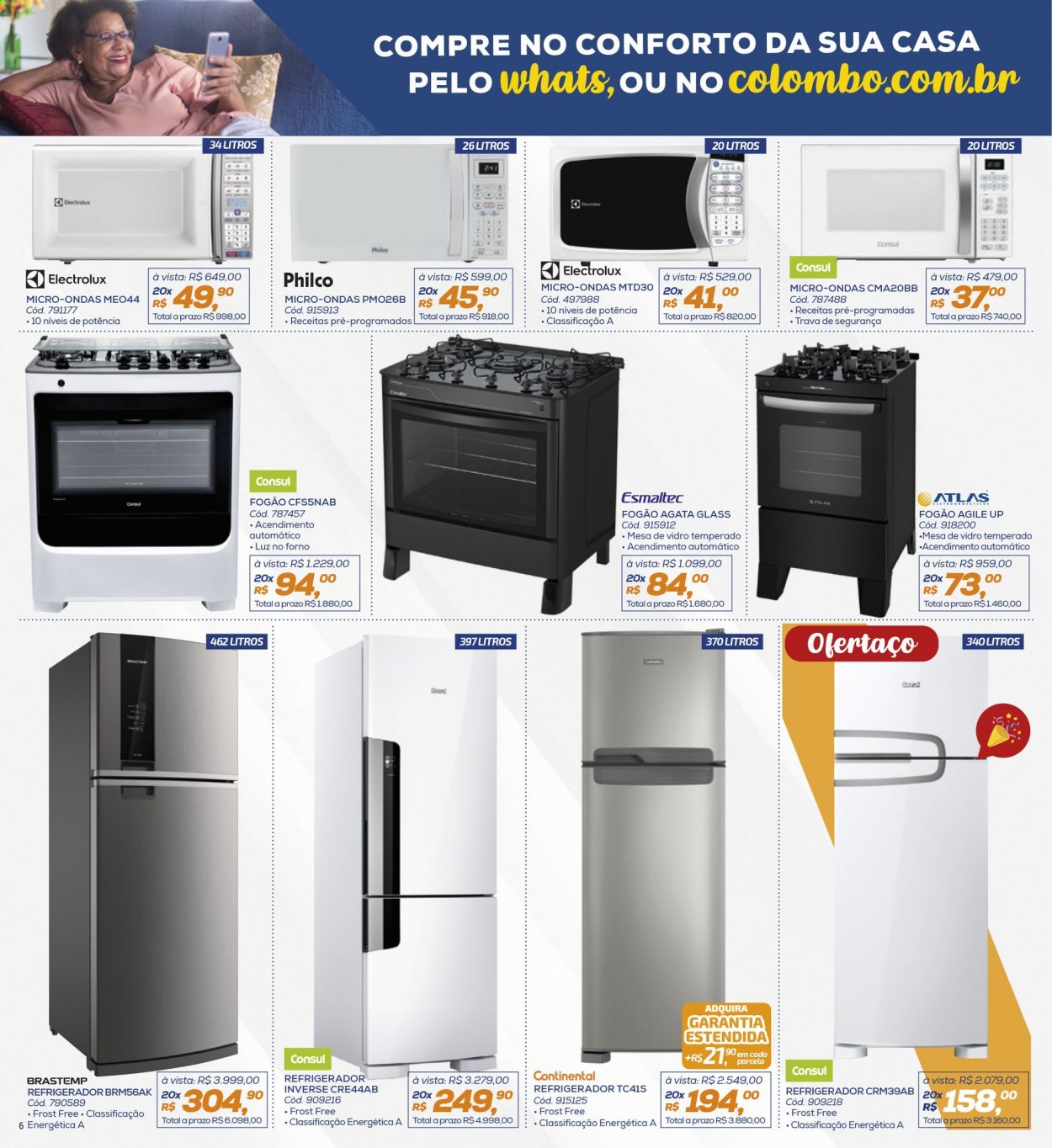 thumbnail - Folheto Lojas Colombo - 01/04/2021 - 30/04/2021 - Produtos em promoção - micro ondas, Brastemp, Electrolux, fogão, Philco, refrigerador. Página 6.