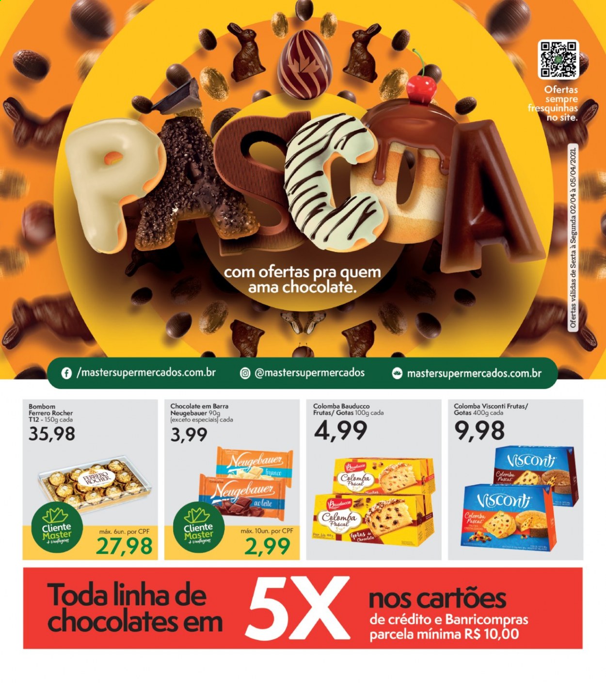 thumbnail - Folheto Master Supermercados - 03/04/2021 - 05/04/2021 - Produtos em promoção - chocolate, Ferrero Rocher, bombom, Neugebauer. Página 1.